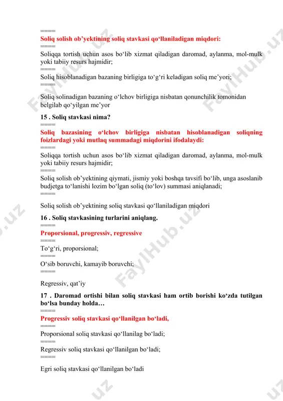 muddatdagi daromad yoki foydaga ega bo‘lgan huquqiy shaxslar to‘laydi; ==== jismoniy shaxslar bir xil proportsiyada soliq to‘laydi; ==== daromad yoki foyda ortib borishi bilan soliq stavkasi ham ortib boradi 20 . soliq imtiyozi bu ... ==== soliq to’lovchilarning ayrim toifalariga boshqa soliq to’lovchilarga nisbatan soliq to’g’risidagi qonun hujjatlarida nazarda tutilgan afzalliklar, shu jumladan soliqni to’lamaslik yoki ularni kamroq miqdorda to’lash imkoniyati ==== soliq hisoblanadigan bazaning birligiga to‘g‘ri keladigan soliq me’yori; ==== soliq solish ob’yektining qiymati, jismiy yoki boshqa tavsifi bo‘lib, unga asoslanib budjetga to‘lanishi lozim bo‘lgan soliq (to‘lov) summasi aniqlanadi; ==== soliqqa tortish uchun asos bo‘lib xizmat qiladigan daromad, aylanma, mol-mulk yoki tabiiy resurs hajmidir 21 . undirilgan soliq summasining soliq ob’yekti hajmiga bo‘lgan nisbat natijasi. ==== soliq yuki yoki og‘irligi deb yuritiladi, ==== soliq birligi deb yuritiladi; ==== soliq stavkasi deb yuritiladi; ==== soliq me’yori deb yuritiladi 22 . soliqlar qanday funksiyalarni bajaradi? ==== fiskal, tartibga solib turish, nazorat, …