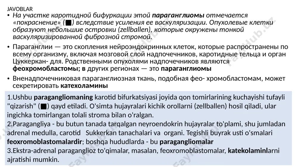 2. kakov ee patogenez? 3. kakoe zabolevanie pecheni otmechalos u etogo patsienta? 4. kakie lekarstvennie sredstva mojno primenyat dlya lecheniya etoy formi patologii? anamnezida uzoq muddatli spirtli ichimliklarni suiiste'mol qilishi bo'lgan 42 yoshli erkakda uzoq davom etgan gematamezis va natijada qon yo'qotish rivojlandi. autopsiyada qizilo'ngachda shikastlanish qayd etilgan (▼): bundan tashqari, davolanishdan keyin boshqa bemorning xuddi shu sohasi ko'rsatilgan (■*). 1. erkakda patologiyaning qanday shakli rivojlangan? 2. uning patogenezi qanday? 3. ushbu bemorda qanday jigar kasalligi kuzatildi? 4. patologiyaning ushbu shaklini qanday dorilar bilan davolash mumkin? 1. ikkala rasmda ham qizilo’ngach venalarining varikoz kengayishi (shilliq osti tomirlarning dilyatatsiyasi) ko'rsatilgan. 2. qizilo'ngach varikoz tomirlari jigar sirrozidan kelib chiqqan bo’lib, portal gipertenziya tufayli yuzaga keladi. portal gipertenziyada boshqa portosistemik tuzilmalar (masalan, qizilo'ngachning varikoz kengayishi - meduza boshi, gemorroy) ochiladi va kengayadi, bu esa gemorragik asoratlarni keltirib chiqarishi mumkin. 3. ushbu bemorda spirtli ichimliklarni suiiste'mol qilish tufayli kichik nodulyar sirroz mavjud. 4. skleroterapiya …
