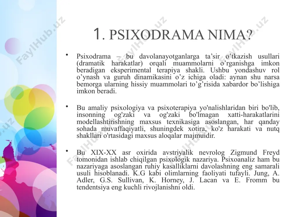 va fikrlari bo’lgan har qanday his-tuyg’ularni yoki fikrlarni ovoz chiqarib ifoda etib, qahramonning xulq-atvori va harakatlarini qabul qiladi. e’tiboringiz uchun rahmat! image2.jpeg image3.jpeg image4.jpeg image5.jpeg image1.jpeg 2 5_slide 5_slide