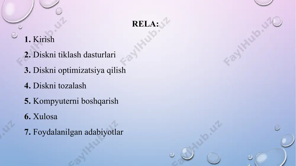 i va ishga tushiriladi. tiklanishi kerak bo'lgan disk tanlanadi. dastur skanerlash jarayonini boshlaydi. tiklanishi mumkin bo'lgan fayllar ro'yxati ko'rsatiladi. foydalanuvchi kerakli fayllarni tanlab, tiklash jarayonini boshlaydi. diskni optimizatsiya qilish diskni optimizatsiya qilish — bu diskning samaradorligini oshirish uchun amalga oshiriladigan jarayon. bu jarayon diskni defragmentatsiya qilish va ma'lumotlarni tartibga solishni o'z ichiga oladi. qattiq disk va ssd'ning ishlash tezligini oshirish uchun optimizatsiya dasturlaridan foydalanish mumkin. defraggler qattiq diskni defragmentatsiya qilish orqali ma'lumotlarni tartibga solib, disk tezligini oshiradi. platforma: windows. iobit smart defrag diskni optimizatsiya qilish va defragmentatsiya qilish uchun avtomatlashtirilgan vosita. platforma: windows. 3.auslogics disk defrag diskni tez va samarali defragmentatsiya qilish uchun qulay dastur. ssd uchun optimizatsiya funksiyasiga ham ega. platforma: windows. 4.perfectdisk professional disk optimizatsiya qilish vositasi. ma'lumotlarni joylashtirishni tartibga soladi va diskni tezlashtiradi. platforma: windows. diskni optimizatsiya qilish uchun boshqa dasturlar, masalan, ccleaner va o&o defrag ham qo'llanilishi mumkin. bu dasturlar diskni defragmentatsiya qilishdan tashqari, vaqtinchalik fayllarni …