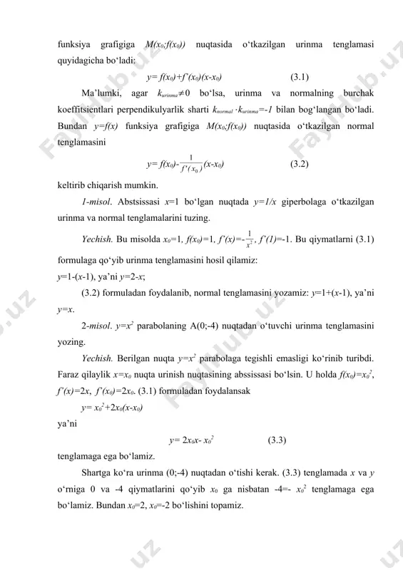 giperbolalar orasidagi burchakni toping. yechish. avvalo parabola va giperbolaning kesishish nuqtasini topamiz. buning uchun ushbu sistemani yechamiz. bundan , x3=1, x=1 bo‘lishi kelib chiqadi. demak, sistemaning yolg‘iz (1,1) yechimi mavjud. (x2)’=2x bo‘lgani uchun f1’(1)=2, shuningdek, bo‘lgani uchun f2’(1)=-1 bo‘ladi. demak, (3.4) formulaga ko‘ra bo‘lib, bundan burchak kattaligi uchun (=arstg3 tenglikning o‘rinli ekani kelib chiqadi. adabiyotlar 1. azlarov. t., mansurov. x., matematik analiz. t.: «o‘zbekiston». 1 t: 1994, 2 t . 1995 2. toshmetov o‘. matematik analiz. matematik analizga kirish. t., tdpu. 2005y. 3. hikmatov a.g‘., turdiyev t. «matematik analiz», t.1-qism.1990y. 4. sa’dullayev a. va boshqalar. matematik analiz kursi misol va masalalar to`plami. t., «o‘zbekiston». 1-q. 1993., 2-q. 1995. 5. vavilov v.v. i dr. zadachi po matematike. nachala analiza. m.nauka.,1990.-608s. 6. www.ziyonet.uz _1193255937.unknown _1193256980.unknown _1193257106.unknown _1193257107.unknown _1193257105.unknown _1193257104.unknown _1193256955.unknown _1193256967.unknown _1193256940.unknown _1193255705.unknown _1193255927.unknown _1189082755.unknown _1188458060.unknown