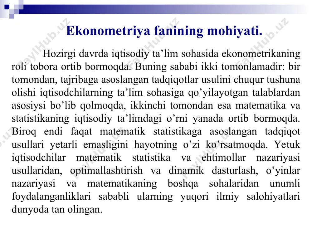 sientlarni aniqlashdan iborat bo‘ladi. ammo bu yagona masala emas. boshqa ko‘plab savollar tug‘ilishi mumkin, masalan, tenglamaga kiritilishi kerak bo‘lgan o‘zgaruvchilar bormi (masalan, nooziq-ovqat tovarlari narxi)? ba’zi bir o‘zgaruvchilarni tenglamadan chiqarib tashlash mumkinmi? ma’lumotlarimiz qanchalik yaxshi o‘lchanadi, bizning fikrimizcha ular vakillik qilishlari kerakmi? modeli chiziqli ekanligi aniqmi? iqtisodiy nazariyasi to‘g‘rimi? model to‘liqmi? (ushbu misolda, biz talab tenglamasi bilan ish olib boramiz va taklif tengligini hisobga olmaymiz. bir vaqtning o‘zida talab va taklifni o‘rgansak nima bo‘ladi?) yuqoridagi model statik. balki, dinamik model yanada mos kelishi mumkindir. misol uchun, o‘tgan yilgi daromad joriy yil iste’mol darajasiga ta’sir qiladi deb taxmin qilish mumkin. bunday holda, biz uni tenglamaga qo‘shishimiz kerak bo‘ladi. ekonometrika barcha bu masalalarni to‘la-to‘kis ko‘rib chiqadi. shu bilan birga, muayyan sharoitlarga va vaziyatga bog‘liq ravishda turli modellar shakllanishi mumkin: bir omilli, ikki omilli va ko‘p omilli. ular asosan klassik regressiya modellari asosida shakllantiriladi. model turlari matematik modellar biznes, iqtisod, ijtimoiy fanlar, iqtisodiy …