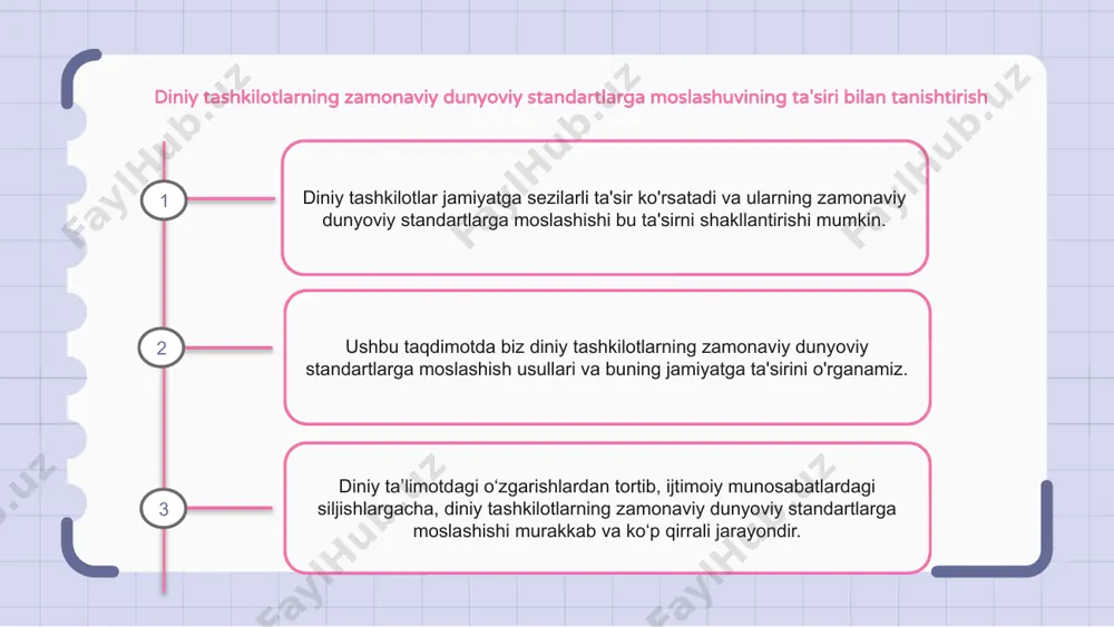 y e’tiqodlarni zamonaviy jamiyat normalari bilan uyg‘unlashtirishdir. bu ko'pincha asosiy diniy qadriyatlarni saqlash va yangi g'oyalar va amaliyotlarni qabul qilish o'rtasida nozik muvozanatni talab qiladi. diniy tashkilotlarning zamonaviy dunyoviy standartlarga moslashuvi muvaffaqiyatlari zamonaviy dunyoviy standartlarga muvaffaqiyatli moslashgan diniy tashkilotlar o'z jamoalarida sezilarli ta'sir ko'rsatdi. bu tashkilotlar diniy va dunyoviy qadriyatlar o‘rtasidagi tafovutni bartaraf etib, yanada inklyuziv va bag‘rikeng jamiyatni yarata oldi. zamonaviy standartlarni qabul qilish orqali diniy tashkilotlar yangi a'zolarni jalb qilish va jalb qilish, ularning zamonaviy dunyoda doimiy dolzarbligini ta'minlashga muvaffaq bo'ldi. zamonaviy dunyoviy standartlarga moslashishda diniy yetakchilarning roli diniy tashkilotlar jamiyatga sezilarli ta'sir ko'rsatadi va ularning zamonaviy dunyoviy standartlarga moslashishi munosabat va xulq-atvorni shakllantirishda hal qiluvchi rol o'ynaydi. diniy yetakchilar o'z izdoshlarini zamonaviy dunyoviy qadriyatlar va me'yorlarni qabul qilishga undash orqali ushbu moslashuvni rag'batlantirishda ta'sirchan rol o'ynaydi. ularning yo'l-yo'riqlari va ta'limotlari an'anaviy diniy e'tiqodlar va tez o'zgaruvchan dunyo talablari o'rtasidagi tafovutni bartaraf etishga yordam beradi. diniy tashkilotlarning moslashuvining …
