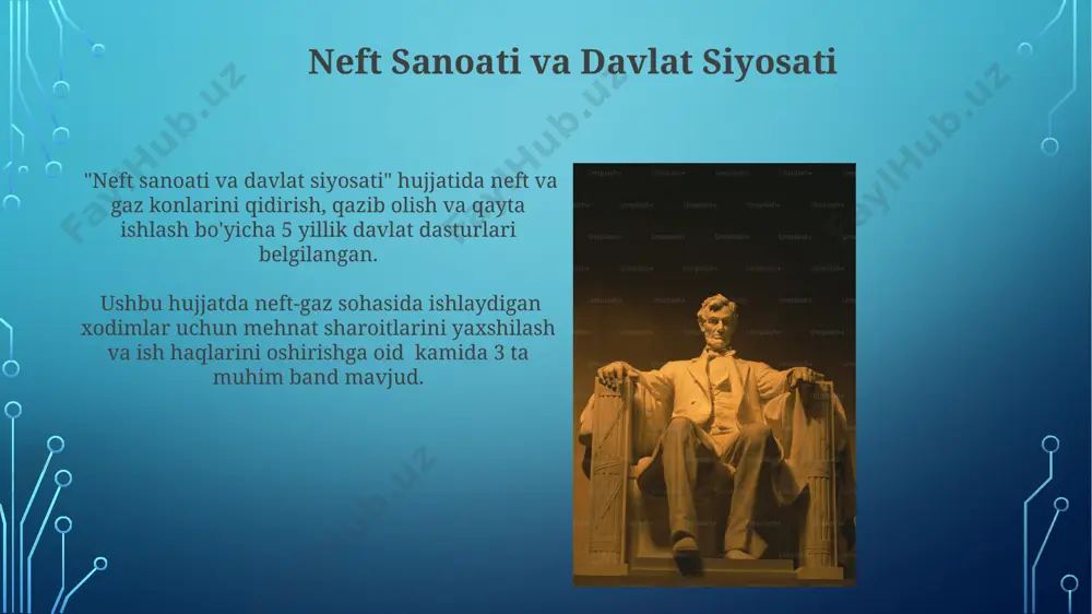 osti boyliklari, jumladan, neft va gaz resurslarining davlat mulki ekanligini ta'kidlaydi va ular ustidan boshqaruv huquqini belgilaydi. “neft resurslarini boshqarish” toʻgʻrisidagi qonun hujjatlari, 1990-yillardan boshlab, neft konlarini litsenziyalash va ularni ishlab chiqarishga oid 20 dan ortiq qoidalarni oʻz ichiga oladi. neft qazib olishga ruxsatnomalar neft qazib olishga ruxsatnomalar, 1990-yillardan boshlab, xorijiy investorlarga ham berila boshlandi, bu o'zbekistonning neft-gaz sohasini rivojlantirishga qaratilgan islohotlarning bir qismidir. o'zbekistonda neft qazib olishga ruxsatnomalar berish tartibi, davlat geologiya qo'mitasi va vazirlar mahkamasi tomonidan tasdiqlangan qonun hujjatlari orqali tartibga solinadi va 25 yilgacha bo'lgan muddatga berilishi mumkin. konstitutsiyada neft va gazga tegishli moddalar konstitutsiyaning 14-moddasi yer osti boyliklari, shu jumladan neft va gazning davlat mulki ekanligini belgilab, ularning oqilona va samarali ishlatilishini kafolatlaydi. konstitutsiyaning 45-moddasi fuqarolarning atrof-muhitni muhofaza qilish huquqini belgilab, neft va gaz qazib olish jarayonlarining ekologik ta'sirini minimal darajada ushlab turish majburiyatini o'z ichiga oladi. e'tiboringiz uchun rahmat @taqdimot_robot image3.jpg image4.jpg image5.jpg image6.jpg image7.jpg …