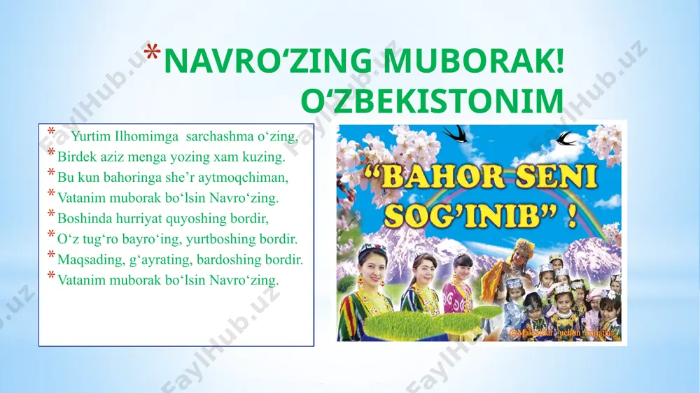 tirishga, boshqalar esa uni ta'qiqlashga harakat qilishdi. jumladan, grek-makedon va arab istilosi davrlarida navro‘z ta'qiqlanib, u podsho saroylarida, amaldorlar va din ahli davralarida rasmiy bayram hisoblanmagan. shuni alohida ta'kidlab o‘tish kerakki, navro‘z o‘tmishdagi har bir sinfiy jamiyatda podsholar hukmdorligi, diniy ideologiya ta'sirida shaklan o‘zgarib tursa-da, u o‘zining asosiy mohiyatini saqlab qoldi. u haqiqiy xalq bayrami bo‘lib, mehnat ahli orasida katta tantanalar bilan nishonlangan. binobarin, qadimdan xalqda bayramni o‘tkazishning o‘ziga xos tartib-qoidalari bo‘lgan. 4 qadim-qadimdan navroʻz xolis niyatli kishilarning sevimli ayyomi boʻlib kelgan. oʻsha kunlarda hatto urush-janjallar ham toʻxtalgan, gina-qudratlar kechirib yuborilgan. shohlar el ichidan eng munosib kishilarni taqdirlashgan, ayrim mahbuslarning gunohidan oʻtishgan. navro‘z qadim zamonlardan bizgacha yetib kelgan muhtasham qadriyatlarimizdan biri va milliy bayramimizdir. navro‘z haqidagi qadimgi afsonalarda esa bu umumxalq bayramining paydo bo‘lishi ajdodlarimizning bahor fasli va ko‘klamgi dala ishlarining boshlanishiga aloqador udumlariga bog`lanadi. navro‘z “qozon to‘ladigan”, ya’ni qut baraka tantana qiladigan xalq bayramidir. navro‘zda qozon-qozon sumalaklar qaynashi – …
