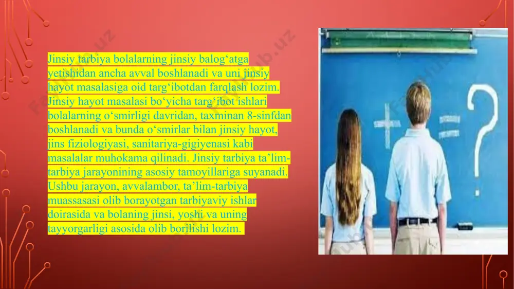 g‘ayishini ta’minlaydi. oilada o‘zaro hurmat va muhabbatga asoslangan ma’naviy muhitni yaratish nihoyatda muhimdir. kichik yoshdagi bolalarning jinsiy tarbiyasida ularning fiziologik va psixologik xususiyatlarini hisobga olish lozim. jinsiy tarbiyani to‘g‘ri yo‘naltirish hamda o‘g‘il va qiz bola o‘rtasida o‘rinli munosabatlarni shakllantirish uchun bolada uyatchanlik, o‘zini tiyish, doimo yordamga tayyorlik kabi ma’naviy fazilatlarni shakllantirish lozim. o‘smir jinsiy tarbiyasiga bolani o‘rab turgan muhit, kitoblar, kino, tv va internet ham ta’sir etadi. ushbu omillarni tanlashda ham ota-onalar turlicha yo‘l tutadilar. ayrim ota-onalar bolaga tashqi omillar ta’sirini taqiqlash yo‘lidan borsa, boshqalari esa bolada oqil tanlov malakasini shakllantirishga intiladi. har qanday holatda ham bola o‘zini qiziqtirgan ma’lumotga ega bo‘ladi, bu tabiiy jarayonni to‘xtatib bo‘lmaydi. lekin, eng asosiysi – ota-ona va farzand o‘rtasidagi ishonch muhitini saqlab qolish va zarur bo‘lgan paytda farzand ota-onasiga murojaat eta oladimi yoki yo‘qmi, degan murakkab savol javobsiz qolib ketmasligidadir. o‘smirlik yoshida bola qalbida uzoq vaqtgacha salbiy iz qoldiruvchi ko‘ngilsizliklarning yuzaga kelishiga yo‘l qo‘ymaslik …