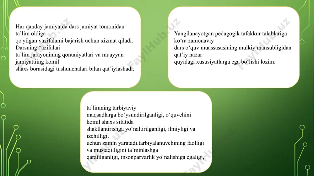 pedagogik takt qoidalariga rioya qilish 0 ‘quvchilarning yangi materiallar bilan tanisbisb darsi yoki yangi bilimlami berish (o‘rganish) darsi nisbatan keng doiradagi savollami o‘z ichiga olgan va uni o'rganishga ko‘p vaqti talab qiluvchi, o'quvchilarga notanish yangi material mazmuni bo‘lgan ta’lim jarayoni. bunday darslarda uning mazmuni, aniq maqsadi va o‘quvchilaming mustaqil ish bajarishga tayyorgarliklariga qarab ba’zi hollarda yangi materialni o‘zi bayon etadi! boshqa hollarda esa o'qituvchi rahbarligida o‘quvchilaming mustaqil ishlari olib boriladi, uchinchi holda unisidan ham bunisida# ham foydalaniladi. darsga qo`yiladigan tashkiliy talablar jumlasiga quyidagilar kiradi: 1.dars uchun puxta yo`nalgan konspekt yoki reja tuzish. 3.dars tempini o`quvchilarning tayyorgarligiga moslashtirish. 4.dars uchun ajratilgan vaqtdan ratsional foydalanish. 2.darsning logikasiga (dars bosqichlarining o`zaro bog`liqligi darsda amalga oshiriladigan ishlar, o`quv topshiriqlarining o`zaro aloqadorligiga rioya qilish). 5.darsda ongli intizomni tashkil etish. so`z belgi bo`lganidek dars tipining nomini bildiruvchi so`z yoki so`z birikmasi (atama) o`qituvchi uchun belgi vazifasini o`taydi. o`qituvchi uchun tushuncha va belgi vazifasini o`tayotgan dars tipologiyasining …