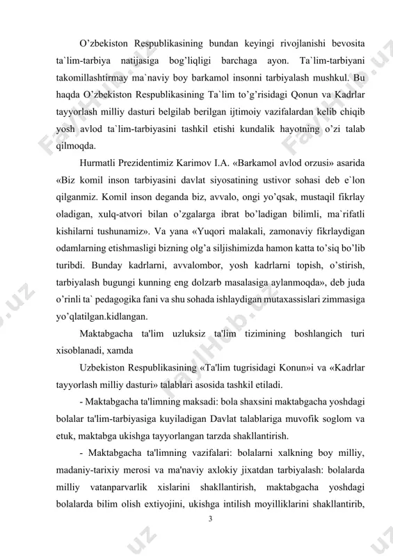 atdan tarbiyalash: bolalarda milliy vatanparvarlik xislarini shakllantirish, maktabgacha yoshdagi bolalarda bilim olish extiyojini, ukishga intilish moyilliklarini shakllantirib, ularni muntazam ravishda ta'lim jarayoniga tayyorlash, bolalarning tafakkurini rivojlantirish, uzining fikrini mustakil va erkin ifodalash malakalarini shakllantirish, bolalarning jismoniy va ruxiy sogligini ta'minlashdan iborat. maktabgacha yoshdagi bolalarni rivojlantirish va maktabga tayyorlash jarayoni oldiga kuyilgan maksad va vazifalarning bajarilishi «maktabgacha yoshdagi bolalar ta'lim-tarbiyasiga kuyiladigan davlat talablari» orkali nazorat kilinadi. davlat talablaridan maktabgacha yoshdagi bolalarga beriladigan ta'lim-tarbiya mazmunining asosiy yunalishlari xamda ularning maktabga tayyorgarlik darajasiga kuyiladigan minimal talablar belgilab berilgan bulib u davlat xujjati sifatida e'tirof etiladi. bolalarni rivojlantirish va maktabga tayyorlash jarayoni oldiga kuyilgan maksad va vazifalarning bajarilishiga erishish «bolalarni rivojlantirish va maktabga tayyorlash» tayanch dasturi asosida amalga oshiriladi. «ta'lim tugrisida»gi konun xamda «kadrlar tayyorlash milliy dasturi»da mamlakatning ijtimoiy-iktisodiy tarakkiyotini ta'limning asosiy omili bulgan kadrlarni tayyorlash borasidagi eng zarur tadbirlar tizimi belgilab berilgan. soglom avlodni tarbiyalash davlat va jamiyatning ustivor yunalishidir. davlat talablari asosida …