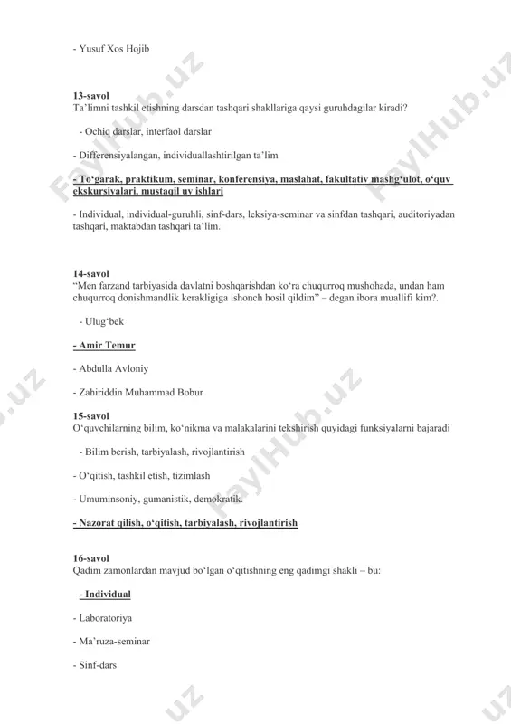 mehnatda to’la ishtirok etuvchilar, ayollar - yoshlar, yigitlar, faxriylar - go’daklar, bolalar va o’smirlar hamda keksalar 28-savol qaysi asarda dehqonlarga nisbatan: “o‘zing bular bilan aralashgin, qo‘shilgin, tilda yaxshi so‘zla, yuzungni ochiq tut”deya ta’rif berilgan - mahbub ul-qulub - qutadg‘u bilik - hayrat ul-abror - hibat ul-haqoyiq 29-savol ijtimoiy institutlarga nimalar kiradi? - korxonalar, viloyatlar, jamoa - oliy o’quv yurtlari - oila, ta’lim, madaniyat, din, mahalla - tarbiya muassasalari 30-savol quyidagilardan qaysilari jazolash metodlariga kiradi? - tanbeh berish, uyaltirish, ogohlantirish - o‘z-o‘zini baholash, uyaltirish, musobaqa - mashq , pedagoik talab, xayfsan berish - ma’ruza, o‘git, etik suhbat 31-savol ijtimoiylashuv jarayoni nima? - mahallada shakllanish, tarkib topish jarayonidir - ijtimoiylashuv shaxsning ijtimoiy taraqqiyot asosida belgilangan madaniyat, axloq, bilim, dunyoqarashlarni o’zida mujassamlashtirishdir - ijtimoiylashuv - bola shaxsini oiladagi tarbiyasini tushunamiz - ijtimoiylashuv - oila, mahalla 32-savol aniqlash va o‘lchash nima deb ataladi? - nazorat - tekshirish - baholash - hisobga olish 33-savol imom …