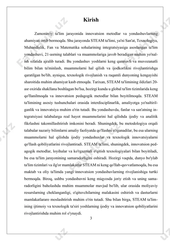 sh qobiliyatlarini rivojlantirish imkoniyatini yaratadi. masalan, muhandislik va matematikaning nazariy bilimlari orqali ekologik muammolar yechimi ishlab chiqilishi yoki san’at elementlari yordamida texnologik innovatsiyalarni taqdim etish mumkin. bu integratsiya nafaqat nazariy bilimlarni mustahkamlashga yordam beradi, balki ular amaliy va ijodiy faoliyatda qo‘llanishini ta’minlaydi. steam ta’limining asosiy tushunchalaridan biri interdisciplinarlikdir. bu, fanlar va san’at sohalarining bir-biri bilan bog‘lanishini va har bir soha metodologiyasidan foydalanib, kengroq va chuqurroq bilimlar hosil qilishni anglatadi. interdisciplinarlik shuningdek, talabalarni muammolarni kompleks va har tomonlama hal qilishga o‘rgatadi. masalan, muhandislik masalalarini hal qilishda matematik va texnologik metodlarni qo‘llash bilan birga, san’at va dizayn elementlarini integratsiya qilish muhim ahamiyat kasb etadi. bu esa, o‘z navbatida, talabalarga ijodiy va analitik fikrlashni rivojlantirish imkonini beradi. amaliyotga yo‘naltirilganlik esa steam ta’limining yana bir muhim jihatidir. bu yondashuvda, talabalarga nazariy bilimlar bilan birga, ularni real hayotdagi muammolarni hal qilish uchun qo‘llashga o‘rgatish muhimdir. loyihalar va amaliy mashg‘ulotlar orqali talabalar, o‘z bilimi va qobiliyatlarini …