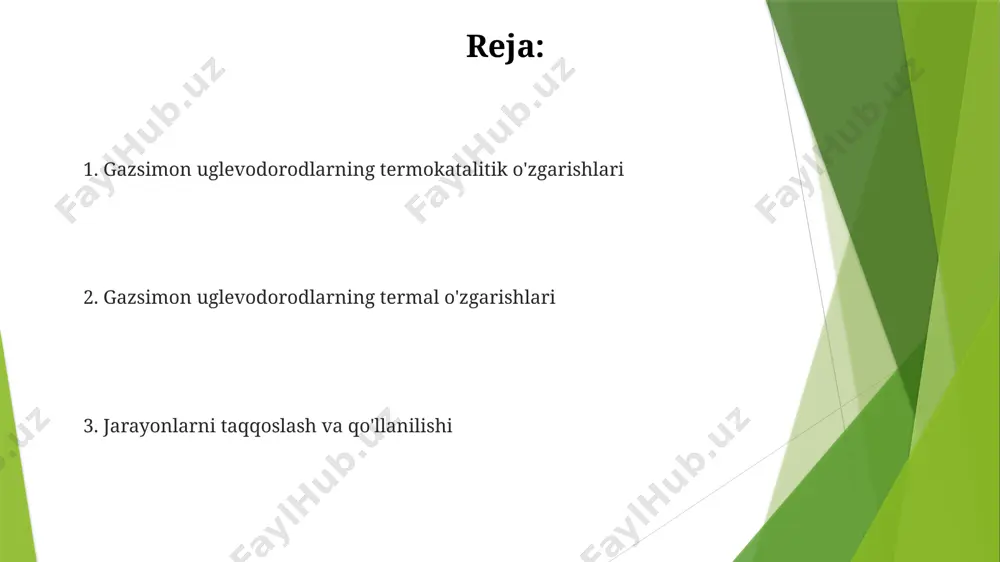 0-30% gacha bo‘lgan energiya tejashga va qimmatli mahsulotlar hosil bo‘lishiga olib kelishi mumkin. reforming jarayonlari sintez-gazi (co va h₂) ishlab chiqarish uchun bug'-metan reformingi (smr) jarayoni keng tarqalgan bo'lib, u dunyoning ko'plab kimyo zavodlarida, masalan, germaniyadagi basf zavodlarida qo'llaniladi va 1000°c dan yuqori haroratlarda amalga oshiriladi. metan buxoriy reformingi jarayonida 800-900°c harorat va 20-30 bar bosimda nikel katalizatorlari yordamida vodorod va karbon oksidi hosil bo'ladi, bu jarayon ko'plab mamlakatlarda, jumladan, o'zbekistonda ham qo'llaniladi. gazsimon uglevodorodlarning termokatalitik o'zgarishlari gazsimon uglevodorodlarning termokatalitik o'zgarishlari jarayonida, 400-600°c haroratlarda, alyuminiy oksidi katalizatorlari yordamida, metanning konversiyasi samaradorligi 85% gacha yetishi mumkin. o'zbekistonning gaz konlarida mavjud bo'lgan etan va propanning termokatalitik krekingi orqali etilen va propilen kabi qimmatli kimyoviy mahsulotlarni olish mumkin, bu jarayon 700-800°c haroratda amalga oshiriladi. ekologik jihatlari termik jarayonlar, masalan, 800°c da metanning parchalanishi, 20% gacha noxush yonish mahsulotlari hosil bo'lishiga olib kelishi mumkin, bu esa farg'ona vodiysidagi havo sifati muammolarini kuchaytiradi. katalitik konvertorlarning …