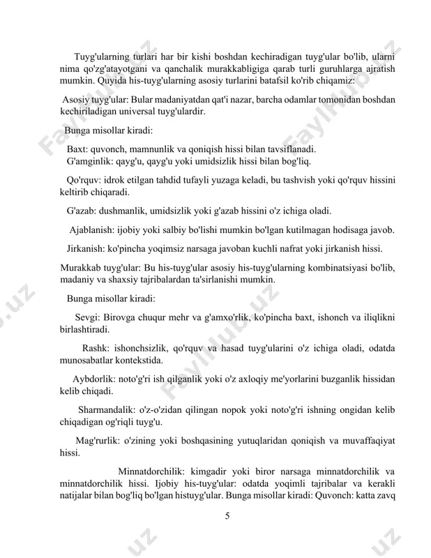zni his qilishimiz va boshqalarning biz haqimizda qanday tasavvurga ega bo'lishi haqidagi ongimiz bilan bog'liq bo'lgan histuyg'ular. bunga misollar kiradi: sharmandalik: o'z-o'zini anglash, uyat yoki noqulaylik hissi. xo'rlash: boshqalar tomonidan kamsitilganligi sababli uyat yoki qadr-qimmatni yo'qotish hissi. mag'rurlik: o'z-o'zini hurmat qilish va shaxsiy qadriyat hissi. aybdorlik tuyg'usi: biron bir huquqbuzarlik, jinoyat yoki noto'g'ri ish uchun javobgarlik yoki pushaymonlik hissi. ijtimoiy his-tuyg'ular: ijtimoiy o'zaro ta'sirlar paytida paydo bo'ladigan va munosabatlarni saqlab qolish uchun hal qiluvchi ahamiyatga ega bo'lgan his-tuyg'ular. bunga misollar kiradi: empatiya: boshqalarning his-tuyg'ularini tushunish va baham ko'rish qobiliyati. hamdardlik: birovning baxtsizligi uchun achinish va qayg'u hissi. hasad: boshqa odamning afzalliklari, muvaffaqiyati yoki mulkiga nisbatan norozilik yoki ochko'zlik hissi. hayratlanish: kimnidir yoki biror narsani hurmat qilish va ma'qullash hissi. hissiyot manbalari tuyg'ular turli vaziyatlarda qanday his qilishimiz va qanday munosabatda bo'lishimizga ta'sir qiluvchi turli xil ichki va tashqi manbalar tomonidan qo'zg'atilishi mumkin. ba'zi umumiy his-tuyg'u manbalari: atrofimizda sodir bo'layotgan voqealar: …