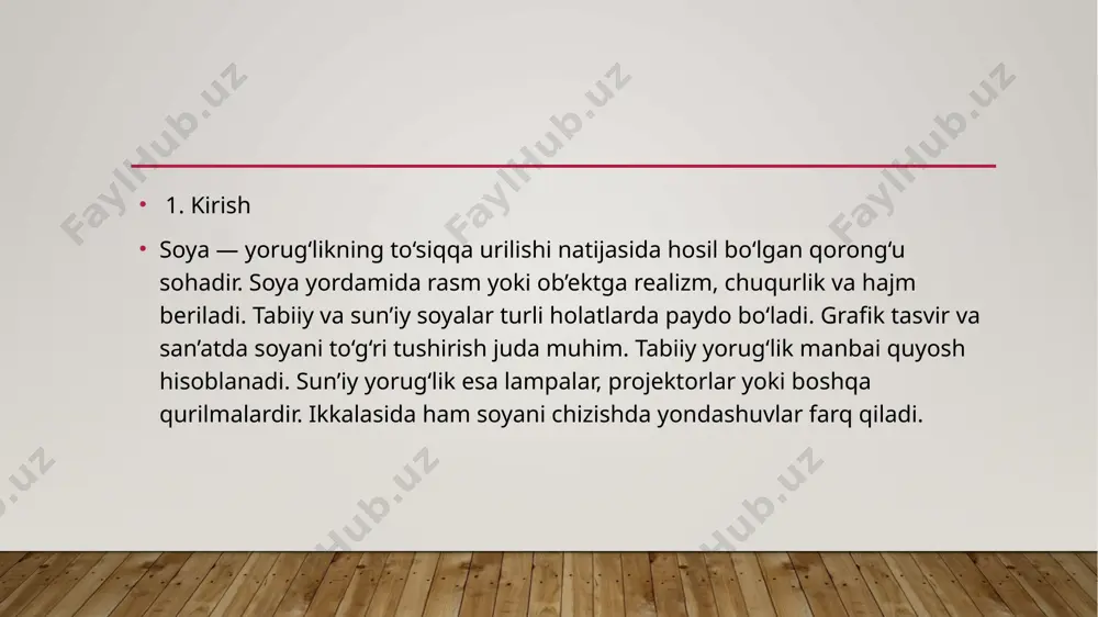 drniki egri chiziqli bo‘ladi. yorug‘likning yo‘nalishi proyeksiya burchagini belgilaydi. soya proyeksiyasi — bu ob’ekt shaklining sirtda aks etgan holatidir. geometrik qoidalarga asoslanib chiziladi. buning uchun nur chiziqlari va kesish nuqtalari aniqlanadi. soya shakllari rasmga chuqurlik va dinamiklik qo‘shadi. yorug‘lik burchagi — soyani qayerga tushishini belgilaydi. agar yorug‘lik tepadan tushsa, soya ob’ekt tagida bo‘ladi. yon tomondan tushsa, soya qarama-qarshi tomonga cho‘ziladi. 45° burchak ostida chizilgan soya eng tabiiy ko‘rinadi. burchak qancha keskin bo‘lsa, soya shuncha uzoq bo‘ladi. burchakni noto‘g‘ri tanlash rasmni buzadi. shuning uchun chizmada yoritish burchagi ehtiyotkorlik bilan tanlanadi. 7. rasmda soya effektlari soya effektlari tasvirga realistik ko‘rinish beradi. har bir ob’ekt o‘z soyasi bilan fazoni to‘ldiradi. rasmda soya yumshoq (diffuz) yoki aniq (keskin) bo‘lishi mumkin. odatda, tabiiy yorug‘likda yumshoq soyalar, sun’iy yorug‘likda esa aniq soyalar bo‘ladi. ranglar qanchalik qoraroq bo‘lsa, soya kuchliroq ko‘rinadi. soya effektlari rasmga kayfiyat va chuqurlik beradi. bu usullar san’atda keng qo‘llaniladi. 8. soya tushirishda xatolar …