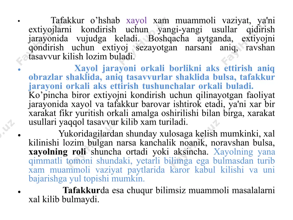 uzining paydo bulishiga kura ixtiyorsiz va ixtiyoriy buladi. ixtiyorsiz xayolda oldindan belgilangan maqsad bulmaydi, unda iroda faol ishtirok etmaydi, obrazlar uz-uzidan paydo buladi. ixtiyorsiz xayol avvalo shu paytda qondirilmagan extiyoj tufayli xosil buladi. masalan, kishi cho’lu-biyobonda ketayotib kattiq chanqasa, uning ko’z oldiga vodaprovod, buloq, ariq suvlarining obrazi kelaveradi. shirin xayol surish va orzu xam ixtiyorsiz vujudga keladi. kechasi uxlab yotgandagi tush kurish tufayli xilma-xil obrazlarning ko’z oldimizga kelishi xam ixtiyorsiz xayol materiallaridir. xayol sifatlari. kishilarning xayoli kengligi, mazmundorligi, kuchi va realligi, fantaziya boyligi jihatidan farq qiladi. xayol kengligi voqelikning kishilar faoliyati uchun bo’ladigan doirasi bilan belgilanadi. xayol kengligi voqelikning kishilar faoliyati uchun bo'ladigan doirasi bilan belgilanadi. xayolning unumdorligi biror narsaga nisbatan xayolning boyligi, xilma-xilligi bilan belgilanadi. kuchli xayolda odam juda tez ta'sirlanadi. xayol kuchi xissiyotga boglik buladi. kishining xissiyoti qanchalik kuchli, extirosli bo’lsa, xayol obrazlari xam shunchalik kuchli, yorkin va jonli buladi. xayol kuchi quyidagilarga bog'liq bo'ladi: xayol kuchi ehtiyoj, …