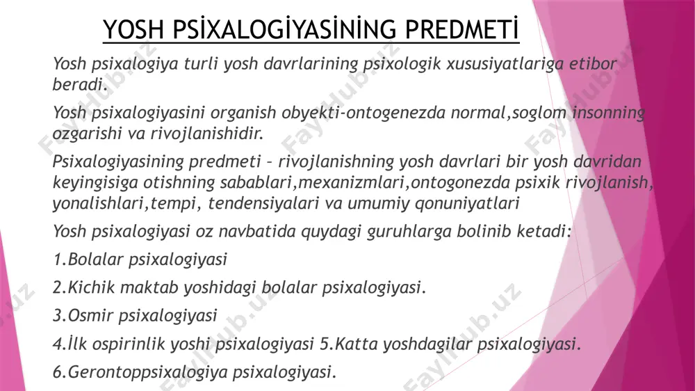 ateriallari va xulosalaridan ta’lim-tarbiya ishlarini to‘g‘ri tashkil qilishda foydalaniladi. yosh psixologiyasi turli xil yosh davrlarining psixologik xususiyatlariga e’tibor beradi. rivojlanish psixologiyasi — inson psixologiyasining yosh jihatdan qayta tuzilishi qonunlari haqidagi bilimlar sohasi. yosh psixologiyasini rivojlanishdan tashqarida, o‘zgarmas deb qarash mumkin emas. xuddi shunday, rivojlanishni yosh xususiyatlarini ajratib ko'rsatmasdan tasawur qilib bo‘lmaydi. yosh psixologiyasining bir qator muammolarini ajratib ko‘rsatish mumkin. 1. inson psixik xususiyatlari va xulq-atvori rivojlanishining organizm va muhitga bog‘liqligi muammosi. 2. insonning rivojlanishiga stixiyali ta’lim va tashkil etilgan ta’limning ta’siri muammosi. 3. layoqat va qobiliyatlarning o‘zaro munosabati muammosi. eti̇bori̇ngi̇z uchun raxmat image1.png image2.png /docprops/thumbnail.jpeg