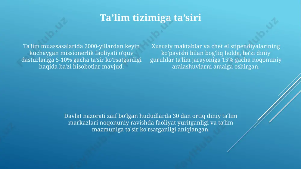 kazilishi va faoliyatining tartib-qoidalari oʻzbekiston respublikasining “vijdon erkinligi va diniy tashkilotlar toʻgʻrisida”gi qonunida 20 dan ortiq modda bilan tartibga solingan. dinga oʻtishga boʻlgan munosabat va ijtimoiy ta’sir davlat tomonidan diniy ekstremistizmga qarshi kurash 2010-yildan beri kuchaygan boʻlsa-da, 5-10% atrofida diniy oqimlarning yashirin faoliyati davom etmoqda, bu esa ijtimoiy nazoratni qiyinlashtiradi. dinga oʻtish, ayniqsa, radikal diniy oqimlarga qoʻshilish, oilalararo munosabatlarning buzilishiga, 50% gacha boʻlgan holatlarda ajrimlarga va ijtimoiy izolyatsiyaga olib kelmoqda. oʻzbekistonda 2000-yillardan keyin diniy guruhlarning faolligi kuchayib, 100 mingdan ortiq odamning turli diniy oqimlarga qoʻshilishi kuzatildi, bu esa ijtimoiy taranglikka olib keldi. kelajakdagi istiqbollar va tavsiyalar davlat organlari va fuqarolik jamiyati institutlari o‘rtasidagi hamkorlikni kuchaytirish, 10 ga yaqin qo‘shma loyihalarni amalga oshirish orqali ekstremistik gʻoyalarga qarshi kurash samaradorligini oshirish zarur. ta'lim tizimiga diniy savodxonlikni oshirishga qaratilgan yangi o'quv dasturlarini joriy etish, kamida 3 ta yangi o'quv qo'llanmani yaratish orqali missionerlik ta'siriga chidamlilikni rivojlantirish muhim. oʻzbekistonda diniy bagʻrikenglikni mustahkamlashga qaratilgan 5 …