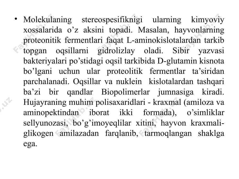 nanishida nokovalent kuchsiz ta’sirlashishlar ham muhim ahamiyatga ega. ular quyidagilardir. elektrostatik ta’sirlashishlar. oqsil molekulasidagi to’plagan yon guruhlar elektrostatik ta’sirlashishlar tufayli tuz ko’priklari hosil qiladi. neytral rn sharoitida asparagin, glutamin qismga hamda s-uch aminokislota qoldg`i ulari manfiy, lizin, arginin qoldg`i ulari hamda gistizin imidozon halqasi va n-uch aminokisnota qoldi ulari musbat zaryadga ega bo’ladi. makromolekulalardagi ta’sirlashuvchi kuchlar domenlar va oqsilning uchlamchi strukturasi oqsilning uchnamchi strukturasi polipeptid zanjiri asosida shakllangan ikkilamchi struktura elementlarining termodinamik jihatdan barqaror bo’lib taxlangan konformasiyasidan iborat. oqsillarni denaturasiyalash va renaturasiyalash tajribaladi, natijasiga ko’ra, oqsilning ikkilamchi struktura hosil qiladigan qismi katta tezlik bilan -spiran yeki -struktura hosil qiladi. navbatdagi bosqichda uchlamchi struktura shakllanadi. stafilokokklar nukleazasi 1 sekundda, metmioglobin esa 10 sekundda yig’ilib ulguradi. so’nggi paytlarda ma’lum bo’ldiki, yaxlit oqsil molekulasi (immunognobulin g, miozin, fibrinogen va b.) bir nechta ixcham, o’zaro ancha mustaqil sohalarni domenlarni o’z ichiga oladi. e’tiboringiz uchun raxmat. e’tiboringiz uchun raxmat. image1.png image2.png