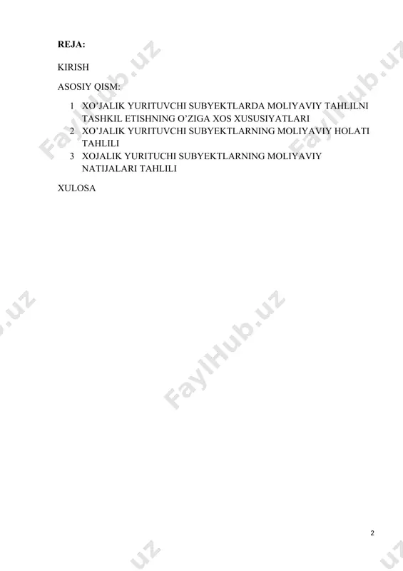 g barqaror faoliyat yuritishida, ishlab chiqarish jarayonining barcha elementlari, shu jumladan, buxgalteriya hisobi, audit va iqtisodiy tahlil mukammal ishlashi kerak. iqtisodiyot sektorida bozor munosabatlarini chuqurlashtirish ushbu sohada iqtisodiy islohotlani yanada jadallashtirishni taqoro etadi. shu sababli, moliyaviy hisobot shakllari va ularning tanini takomillashtirish, uni barcha sektorlarning tuzilmasiga va o' zgarishlariga mos tarzda qayta qurish, korxonalarni moliyaviy-iqtisodiy holatini organish va nazorat qilishning maqsadli shaklini ishlab ctriqish hamda qaror toptirish bugungi kunning muhim vazifalaridan hisoblanadi. asosiy qism 1. keyingi yillarda respublikamizda boshqaruv va moliyaviy tahlilga e'tibor kuchaygan. bu esa bu borada ilmiy tadqiqotlar olib borishni hamda zamonaviy iqtisodchi mutaxassislar tayyorlashni taqozo etmoqda. ushbu holatni hisobga oladigan bo’lsak, korxonalarning moliyaviy holatini baholash va uning tahlilini to'g'ri tashkil etilishi hamda takomillashtirilib borilishi bozor iqtisodiyotining eng dolzarb masalalaridan biri ekanligini ta'kidlab o'tish lozim bo'ladi. korxonalarning moliyaviy holatini tahlil etish orqali uni yanada sog'lomlashtirish imkoniyatlariga baho beriladi hamda moliyaviy mustahkamligi kuchaytiriladi. agar ilgari korxonalarning xo'jalik faoliyatini, ularning …