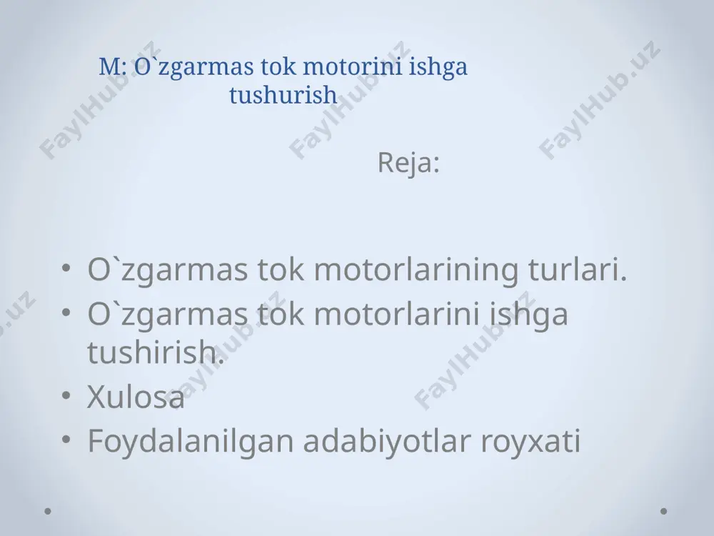 yakor toki bilan o’zgarmas magnit maydon o’zaro ta’sirlashib elektromagnit moment hosil qiladi. chulg’amlarni ulanishiga qarab o’zgarmas tok mashinalari 5 xil bo’ladi: 1. mustaqil uyotishli o’zgarmas tok motorlari. bunda faqat parallel uyg’otish chulg’ami mustaqil manbadan ta’minot oladi (a). 2. parallel uyg’otishli o’zgarmas tok motorlari. bunda parallel uyg’otish chulg’ami yakor chulg’amiga parallel ulanib bitta manbaga ulanadi (b). 3. ketma-ket uyg’otishli o’zgarmas tok motorlari. bunda faqat ketma-ket uyg’otish chulg’ami yakor zanjiriga ketma-ket ulanib tarmoqga ulanadi (v). 4. aralash uyg’otishli o’zgarmas tok motorlari. bunda ikkala uyg’otish chulg’amiga ulanib, motorni imkoniyatlaridan to’la foydalanish mumkin (g). 5. doimiy magnit bilan uyg’otiladigan o’zgarmas tok motori (d). o‘zgarmas tok motorlarini ishga tushirish. agar tinch turgan motorni elektr tarmog‘iga ulab, unda qarshilik momentidan katta bo‘lgan aylantiruvchi moment hosil qilinsa, u aylana boshlaydi. aylanish chastotasining ortib borishi bilan yakorda hosil bo‘ladigan eyk ham ortib boradi, natijada, yakor toki va, demak, aylantiruvchi moment kamayib boradi. aylantiruvchi moment qiymati qarshilik momentigacha kamayganda, …