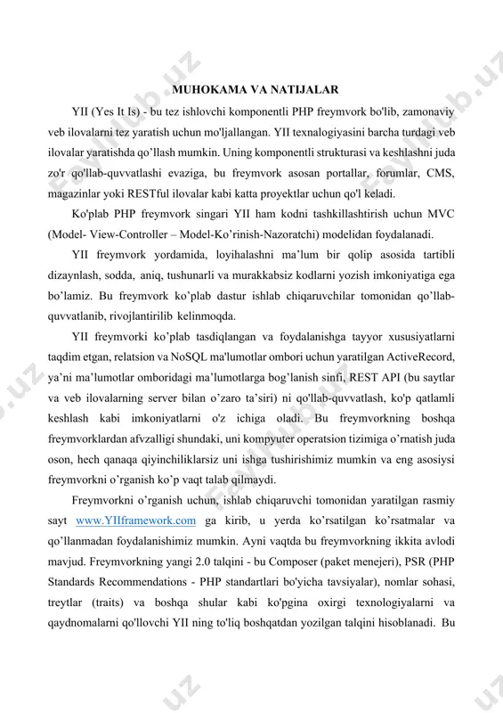 a config jildiga kirib web.php faylini, fayl tahrirlovchisi (notepad, sublimetext kabilar) yordamida ochib, cookievalidationkey massiv kalitiga qiymat uchun mahfiy kalit so’z qo’shamiz, c-rasmda ko’rsatilgan kabi. c-rasm (web.php faylida yozilgan kodini tahrirlash qismi). imkoniyatlar va natijalar yii2 freymvorkda veb saytni tezkor sifatli ishlab chiqish uchun, “gii” modulining imkoniyatlaridan foydalanish maqsadga muvofiqdir. gii moduli ishchi rejimida yoki yo’qligini bilish uchun config/web.php faylini ko’zdan kechirishimiz zarur, faylda quyidagi: $config = [ ... ]; if (yii_env_dev) { $config['bootstrap'][] = 'gii'; $config['modules']['gii'] = [ 'class' => 'yii\gii\module', ];} konfiguratsiya kodi kiritilgan bo’lishi zarur, ushbu konfiguratsiya “gii” nomi bilan belgilangan modul, yii\gii\module sinfini ishlashini taminlaydi. “gii” modulini ushbu saytimizda ishga tushirishimiz uchun brouzerda quyidagi url: http://vebdasturim/web/index.php?r=gii sahifa manziliga murojat etamiz va brouzerimizda d-rasmda berilgan sahifa ochiladi. d-rasm (gii modulening ishchi stoli). d-rasmda berilgan sahifaga tayanib takidlash joizki, ushbu modul bizga quyidagi imkoniyatlarni taqdim etadi: model generator - model yaratuvchi, belgilangan ma’lumotlar ba’zasi jadvali uchun activrecord sinfining …