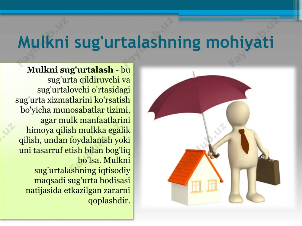 aniladi: haqiqiy qiymat tizimi proporsional javobgarlik tizimi birinchi xavf tizimi kasr tizimi almashtirish xarajatlari tizimi yakuniy javobgarlik tizimi haqiqiy qiymat tizimi mulkning haqiqiy qiymati bo'yicha sug'urta qilishda sug'urta tovonining miqdori shartnoma tuzilgan sanadagi mulkning haqiqiy qiymati sifatida belgilanadi. sug'urta tovoni zarar miqdoriga teng. bu erda foizlar to'liq sug'urta qilinadi. proportsional javobgarlik tizimi mas'uliyatning mutanosib sug'urtasi ob'ekt qiymatining to'liq sug'urta qilinmaganligini anglatadi. ushbu tizim bo'yicha sug'urta tovonining miqdori quyidagi formula bo'yicha aniqlanadi: bu erda sv - sug'urta tovonining miqdori; ss - shartnoma bo'yicha sug'urta summasi; y - haqiqiy zarar miqdori; so - sug'urta ob'ektining xarajatlar smetasi. birinchi xavf sug'urtasi birinchi tavakkalchilik tizimi bo'yicha sug'urtalash zarar miqdorida, lekin sug'urta summasi doirasida sug'urta tovonini to'lashni nazarda tutadi. ushbu tizimda sug'urta summasi doirasidagi barcha zarar (birinchi xavf) to'liq hajmda qoplanadi. sug'urta summasidan oshib ketgan zarar (ikkinchi xavf) qoplanmaydi. fraksiyonel tizim sug'urtasi fraksiyonel qismlar tizimi bo'yicha sug'urta qilishda ikkita sug'urta summasi belgilanadi: sug'urta summasi; qiymatini …