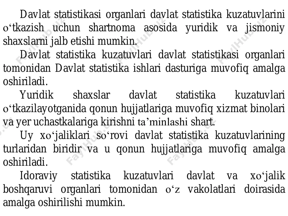 ib, u barcha korxona va tashkilotlar faoliyati haqidagi boshlang‘ich ma’lumotlarni tо‘plash uchun imkoniyat yaratadi. uning ma’lumot manbai bо‘lib buxgalteriya va operativ hisob hujjatlarida qayd etilgan boshlang‘ich yozuvlardir. maxsus tashkil qilingan statistik kuzatishlarni voqea va hodisalarning sodir bо‘lishini qayd qilish vaqtiga qarab uch turga – uzluksiz, fursatli va bir yо‘la kuzatishga ajratish mumkin. uzluksiz kuzatish deganda hodisalar rо‘y berishi bilanoq qayd qilinadigan kuzatish tushuniladi. masalan, bola tug‘ilishi, nikohdan о‘tish kabi voqea (hodisa)lar sodir bо‘lishi bilanoq ya’ni о‘sha kunning о‘zidayoq qayd etiladi. fursatli kuzatish deganda ma’lum muddatlarda о‘tkaziladigan kuzatishlar tushuniladi. masalan, aholi rо‘yxati va boshqalar. bir yо‘la kuzatish deb birorta masalani yechish uchun о‘tkazilgan kuzatishga aytiladi. masalan, savdo korxonalari jihozlanish darajasining bozor iqtisodiyoti talablariga javob berishi va bermasligini о‘rganish uchun maxsus kuzatish о‘tkazish. bunday kuzatish keyinchalik о‘tkazmaslik ham, zaruriyat tug‘ilsa, yana о‘tkazish mumkin. о‘rganilayotgan tо‘plam birliklarini о‘z ichiga qamrab olishiga qarab, statistik kuzatish ikki turga: yoppasiga kuzatish va qisman kuzatishga bо‘linadi. yoppasiga …