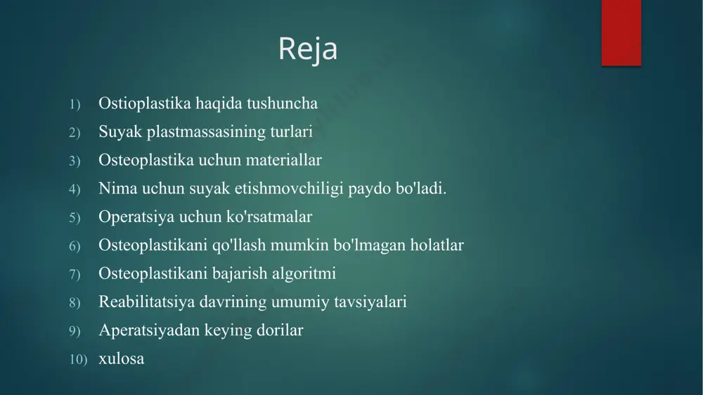 d rad etish xavfi tufayli ular tez - tez ishlatilmaydi. 4) ksenogen-oqsil tarkibiy qismisiz almashtirish materiallari. biologik mos, tananing allergik reaktsiyasini qo'zg'atmang. ular stomatologik amaliyotda eng ko'p qo'llaniladi. 5) membranalari suyak materialining ildiz otishini yaxshilaydigan vosita sifatida ishlatiladi. bu shuni anglatadiki, operatsiya paytida bemorning qonidan hosil bo'lgan trombotsitlar massasi yuqori qatlamga yotqiziladi. bu hujayralarning faol o'sishini rag'batlantiradi va operatsiyadan keyingi asoratlar xavfini kamaytiradi. nima uchun suyak etishmovchiligi paydo bo'ladi. suyakning ingichkalashiga va uning hajmining pasayishiga olib keladigan ko'plab sabablar mavjud. keling, ularning har birini tahlil qilaylik: 1) tishni olib tashlash (ekstraktsiya sabablaridan qat'i nazar) ilgari ildiz bo'lgan joyda jismoniy faoliyat to'xtatilishiga yordam beradi. natijada to'qima atrofiyaga uchraydi va asta-sekin eriydi. 2) tug'ma jag ' nuqsoni yoki okklyuziya patologiyasi; 3) travma 4) qarilikda yoshga bog'liq o'zgarishlar 5) jag’ni o'z ichiga olgan og'iz bo'shlig'idagi yallig'lanish jarayoni. 6)endokrin kasalliklarida 7) qon tomir kasalliklarida operatsiya uchun ko'rsatmalar va kontrendikatsiyalar 1) implantatsiya zarur bo'lganda suyak …
