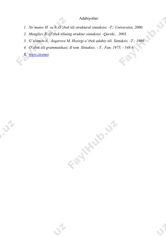 kesimning bog’lanishida birikuvchi unsurlarda bog’lanish omillari munosabati ikki xil kombinatsiyali bo’ladi: [shmj-mshj] va [mjsh-mshj]. bu hol va kesim birikuvida lsqlardan biri [wmsh-wpm] va ikkinchisi [w-wpm] ekanligini ko’rsatadi. adabiyotlar: 1. ne‘matov h. va b. o’zbek tili struktural sintaksisi. -t.: universitet, 2000. 2. mengliev b. o’zbek tilining struktur sintaksisi –qarshi., 2003. 3. g’ulomov a., asqarova m. hozirgi o’zbek adabiy tili. sintaksis. -t.: 1989. 4. o’zbek tili grammatikasi. ii tom. sintaksis. - t.: fan, 1975. - 548 b. 5. www.ziyonet.