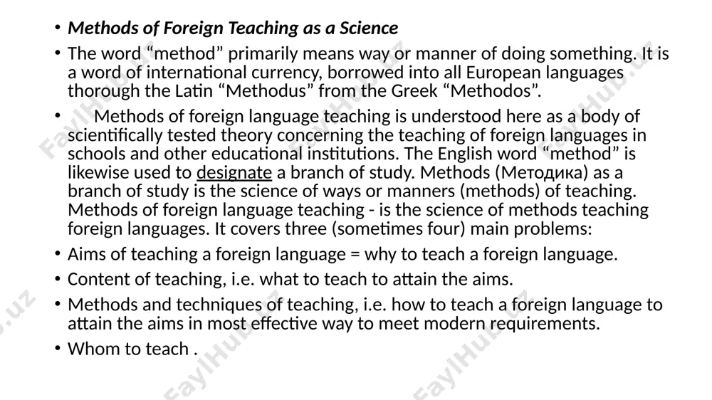 branch of knowledge and study which deals with ways of teaching. in the first meaning, besides denoting a more or less complex procedure consisting of a series of interconnected acts, the english word, more often than its russian counterpart, is employed to designate a single teaching device, or a single form of procedure in teaching. in pedagogical process the term “methods” (методика) used in three meanings. in its first meaning it means the subject of instruction, for example (tomorrow we have methods according to the timetable), the second meaning is the sum total of all ways (methodological) of instruction (i like our teacher’s methods), in the third meaning it means the theory of instruction and a special subject. connection of method of foreign language teaching to other sciences. methods of foreign language teaching are closely related (connected) to other sciences such as pedagogy, psychology, physiology, linguistics, and some others. relations …