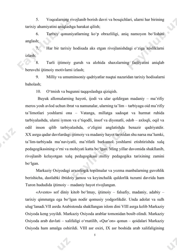 bo‘lgan. ming yillar davomida shakllanib, rivojlanib kelayotgan xalq pedagogikasi milliy pedagogika tarixining zamini bo‘lgan. markaziy osiyodagi arxeologik topilmalar va yozma manbalarning guvohlik berishicha, dastlabki ibtidoiy jamoa va keyinchalik quldorlik tuzumi davrida ham turon hududida ijtimoiy – madaniy hayot rivojlangan. «avesto» sof diniy kitob bo‘lmay, ijtimoiy – falsafiy, madaniy, adabiy – tarixiy qimmatga ega bo‘lgan nodir qomusiy yodgorlikdir. unda adolat va sulh ulug‘lanadi.vii asrda arabistonda shakllangan islom dini viii asrga kelib markaziy osiyoda keng yoyildi. markaziy osiyoda arablar tomonidan bosib olindi. markaziy osiyoda arab davlati – xalifaligi o‘rnatilib, «qur’on» qonun – qoidalari markaziy osiyoda ham amalga oshirildi. viii asr oxiri, ix asr boshida arab xalifaligining markazi bag‘dodda ilm – fan rivojlandi, yunon olimlaridan aflotun (aflotun), aristotel (arastu), sokrat (suqrot), gippokrat (buqrot), galen (jolinus), evklid (iqlidus) kabilarning asarlari arab tiliga tarjima etildi. ix – xii asrlarda markaziy osiyoda feodal ishlab chiqarish munosabatlarining taraqqiy etishi, ichki va tashqi savdoning o‘sishi, dehkonchilik, hunarmandchilik, binokorlik, …
