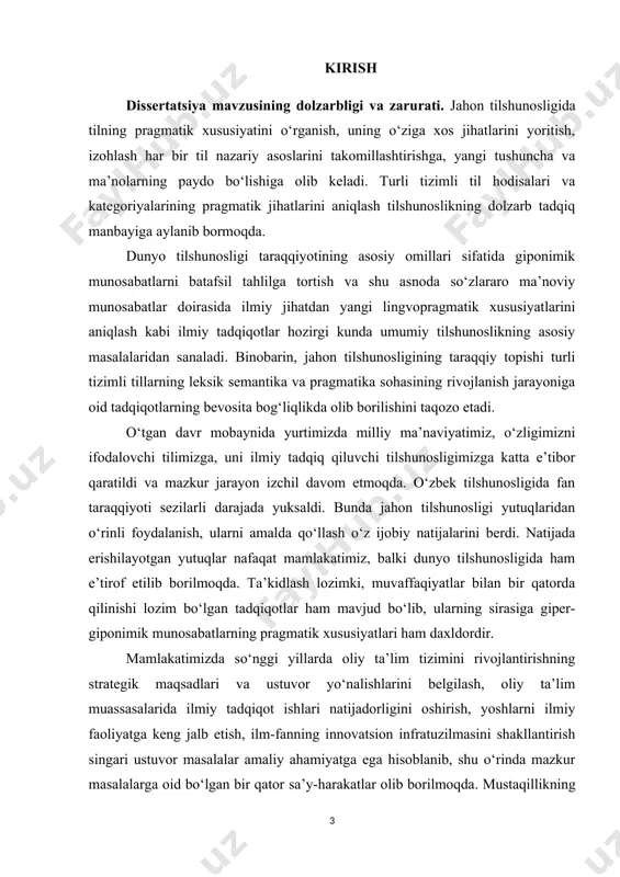 ning leksik semantika va pragmatika sohasining rivojlanish jarayoniga oid tadqiqotlarning bevosita bog‘liqlikda olib borilishini taqozo etadi. o‘tgan davr mobaynida yurtimizda milliy ma’naviyatimiz, o‘zligimizni ifodalovchi tilimizga, uni ilmiy tadqiq qiluvchi tilshunosligimizga katta e’tibor qaratildi va mazkur jarayon izchil davom etmoqda. o‘zbek tilshunosligida fan taraqqiyoti sezilarli darajada yuksaldi. bunda jahon tilshunosligi yutuqlaridan o‘rinli foydalanish, ularni amalda qo‘llash o‘z ijobiy natijalarini berdi. natijada erishilayotgan yutuqlar nafaqat mamlakatimiz, balki dunyo tilshunosligida ham e’tirof etilib borilmoqda. ta’kidlash lozimki, muvaffaqiyatlar bilan bir qatorda qilinishi lozim bo‘lgan tadqiqotlar ham mavjud bo‘lib, ularning sirasiga giper-giponimik munosabatlarning pragmatik xususiyatlari ham daxldordir. mamlakatimizda so‘nggi yillarda oliy ta’lim tizimini rivojlantirishning strategik maqsadlari va ustuvor yo‘nalishlarini belgilash, oliy ta’lim muassasalarida ilmiy tadqiqot ishlari natijadorligini oshirish, yoshlarni ilmiy faoliyatga keng jalb etish, ilm-fanning innovatsion infratuzilmasini shakllantirish singari ustuvor masalalar amaliy ahamiyatga ega hisoblanib, shu o‘rinda mazkur masalalarga oid bo‘lgan bir qator sa’y-harakatlar olib borilmoqda. mustaqillikning ilk yillarida amalga oshirilgan ilmiy tadqiqot ishlari bir …