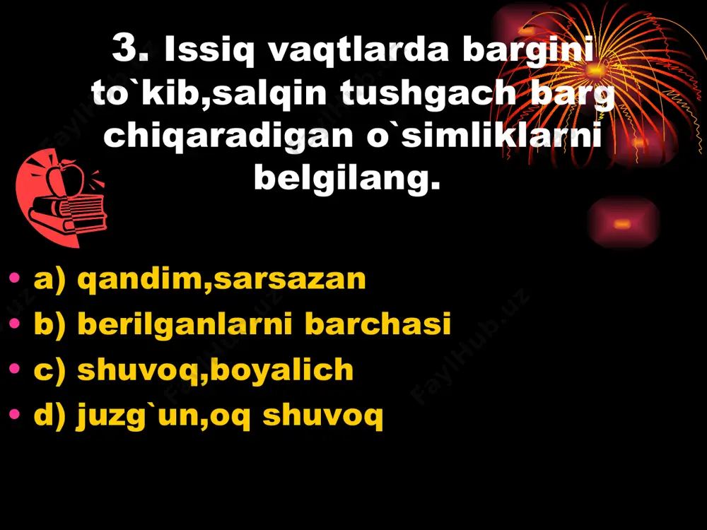 c, 3-d, 4-b d) 1-b, 2-a, 3-c, 4-d 37.quyidagi berilgan o’simliklarni mevasi qanday bo’ladi? 1. bug’doy 2. pomidor 3. sholg’om 4. no’xat 5. bodom 6.kungaboqar a. don b. rezavor v. qo’zoq g. yong’oq d.dukkak e. pista a) 1-a, 2-v, 3-b, 4-a, 5-g, 6-e b) 1-e, 2-d, 3-g, 4-v, 5-b, 6-a c) 1-a, 2-b, 3-v, 4-d, 5-g, 6-e d) 1-e, 2-b, 3-a, 4-a, 5-b, 6-d 38. quyida berilgan o’simliklarni mevasi qanday bo’ladi? 1. kamxastak 2.zirako’t 3. ituzum 4. jag’-jag’ a. qo’zoqcha b. danakli v. rezavor g.dukkak a) 1-g, 2-v, 3-b, 4-a b) 1-a, 2-v, 3-v, 4-g c) 1-v, 2-g, 3-a, 4-b d) 1-b, 2-g, 3-v, 4-a 39. urug’ida zaharli modda to’playdigan o’simliklarni aniqlang. 1.shivit 2. kampichopon 3. mastak 4.zira 5. shaftoli 6. achchiq bodom a) 2.3.5 b) 1.2.3 c) 4.5.6 d) 2.4.6 40.urug`i nafas olish hususiyatini 100 yil saqlanib qolishi mumkin bo`lgan o`simlikni aniqlang ? a) yantoq b) beda c) ajriq …