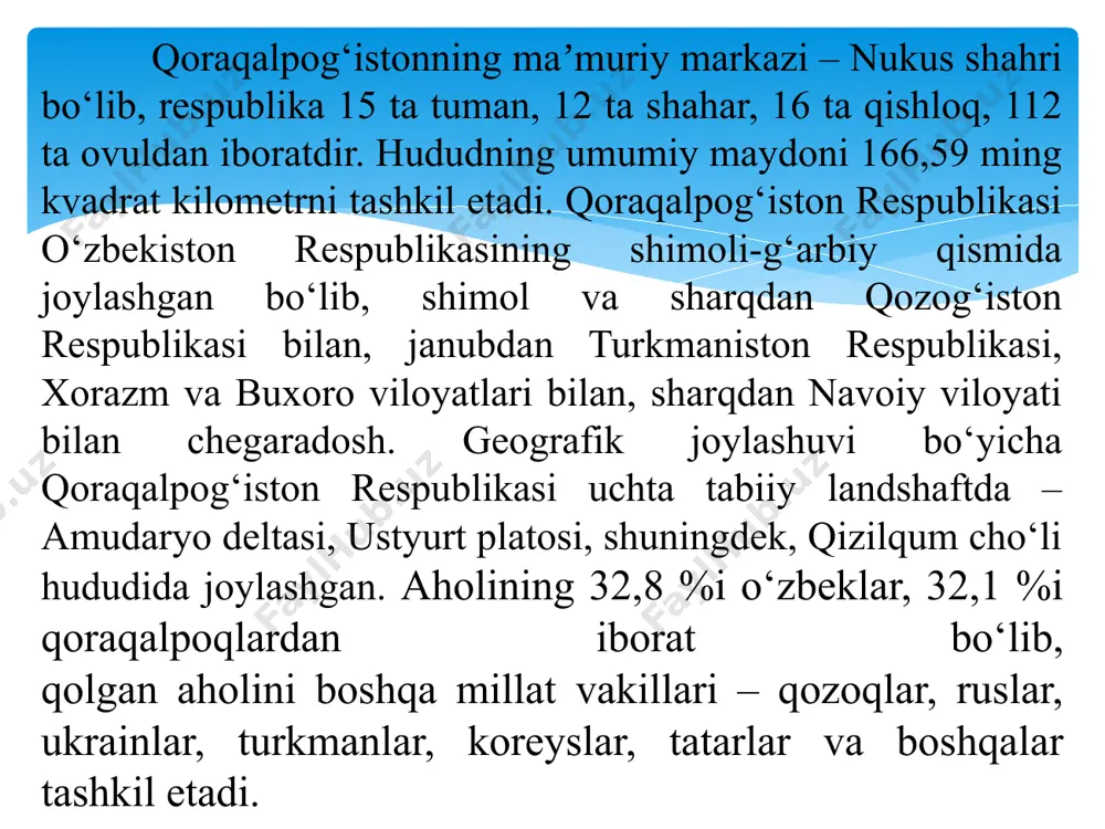 minan 20 ta kon topilgan. ustyurt platosidagi neft va gaz resurslarining taxminiy bahosi 1,7 trillion kub metr gaz va 1,7 milliard tonna suyuq uglevodorodlarni ko‘rsatadi. 2003-yilda “gazprom” barcha magistralni nazoratga oldi va o‘zbekiston hududidan o‘tadigan gaz quvurlari va 2006-yil aprelda ishlab chiqish loyihasi bo‘yicha 15 yil muddatga toshkent bilan psа shartnomasini imzoladi. o‘zbekistonda xitoy kompaniyalari ishtirokida bir qator katta loyihalar amalga oshirilmoqda. ulardan eng muhimi qurilish sohasi hisoblanadi. xitoyning “citic” korporatsiyasi tomonidan qo‘ng‘irot soda zavodi qurildi. 2006-yil avgustda qo‘ng‘irot soda zavodining ishga tushirilishi 2005-yilgi 0,5 %dan viloyatning umumiy sanoat tarkibidagi kimyo sanoatining ulushini 2011-yilda 9,4 %gacha oshirdi. ko‘plab sanoat tarmoqlari uchun zarur bo‘lgan xomashyo – sodali suv ishlab chiqaradigan ushbu yirik korxona mahsulotlarining katta qismi eksport qilinadi. ikki yirik elektr stansiyasi – taxiatosh va tuyamuyin nafaqat qoraqalpog‘istonni, balki qo‘shni xorazm viloyati, shuningdek, turkmaniston respublikasining ham elektr energiyasiga bo‘lgan ehtiyojini to‘liq qondiradi. shuningdek, respublika noanʼanaviy (shamol va quyosh) energiya resurslarida katta …