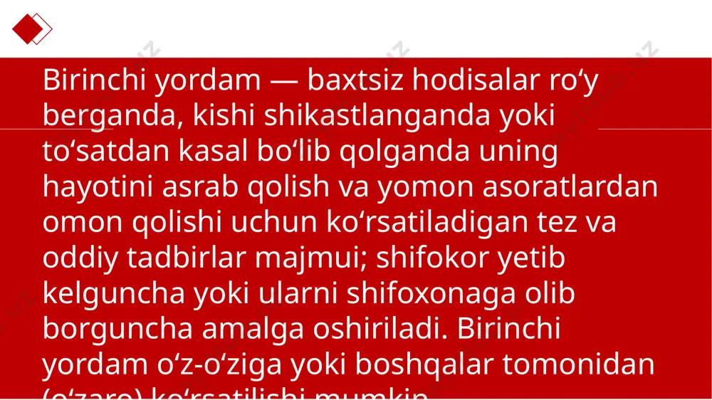 ar bilan yopib turiladi shuning uchun, kimnidir elektr toki urgan boʼlsa, qanday yordam koʼrsatilishi kerakligini bilish muhimdir. buning uchun: ▫️ hodisa sodir boʼlgan joy siz uchun xavfsiz ekanligiga va jabrlanuvchi elektr toki bilan aloqada emasligiga ishonch hosil qiling. ▫️ аgar jabrlanuvchi tok bilan aloqada boʼlsa va siz uni qanday oʼchirishni bilmasangiz, unga yaqinlashmang, darhol tez yordam xizmatini chaqiring! аgar joy va jabrlanuvchi siz uchun xavfli boʼlmasa, jabrlanuvchining hushi va nafas olishini tekshiring. аgar ong va nafas olish mavjud boʼlsa, uning kuyish va yiqilishdan olgan jarohatlarini tekshiring. ▫️ jabrlanuvchi hushida boʼlsa va koʼrinadigan jarohatlar boʼlmasa ham, tez yordam chaqiring. ▫️ tekshirish paytida jabrlanuvchida aniqlangan holatga qarab birinchi yordam koʼrsating. sovuq urganda birinchi yordam darhol isining. vaziyatni kuzatib boring, agar to‘qimalarning shishishi bir necha soatdan ortiq davom etsa va terida pufakchalar yoki suyuqlik bilan to‘lgan pufakchalar paydo bo‘lsa, shifokor bilan maslahatlashing. har qanday holatda ham pufakchalarni o‘zingiz teshmang: infeksiya kirishi mumkin. bu …