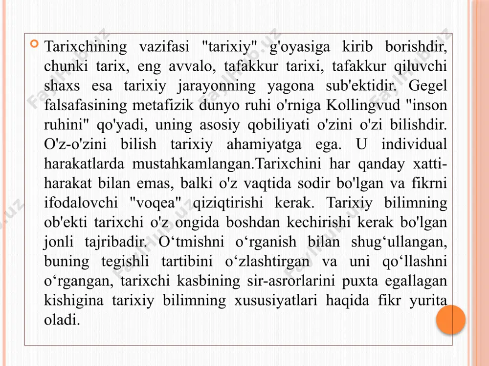 i bo'lib, u faqat falsafada namoyon bo'ladi, u tarix sifatida amalga oshiriladi. ikkinchisi falsafiy aks ettirishdan o'tgan san'at intuitivizmi va fanning mavhumligini o'zida sintez qiladi (bunda sub'ekt va ob'ektning o'ziga xosligi hamma narsani qamrab oluvchi printsipga aylanadi tarixni mantiqiy va uslubiy ma'noda tabiatshunoslikka yaqinlashtiradigan kollingvud hamon o'zining gnoseologik avtonomiyasini aprior tasavvurga asoslangan ruhning maxsus faoliyati sifatida himoya qiladi. u tarixiy materialdan foydalanadigan sotsiologik umumlashmalarni rad etadi, chunki u bu naturalizmni hisobga oladi. tarixiy o'tmishni bilish mumkinligi, kollingvudning fikricha, butun tarix tafakkur tarixi bo'lgan taqdirdagina kafolatlanadi. ushbu tezisdan tarixiy voqealarni faqat odamlarning maqsad qo'yish faoliyati asosida tushuntirish talabi sifatida uning uslubiy individualizmi kelib chiqadi. kollingvud "metafizika haqidagi esse" (1940) kitobida metafizikaning o'ziga xos kontseptsiyasini ishlab chiqdi, ikkinchisini tarixiy bilimga va ilmiy tafakkurning mutlaq binolarini tahlil qilishga asoslangan deb talqin qildi. mutlaq bo'lgan holda, bu binolar barcha mantiqiy mulohazalar va xulosalar asosida yotadi, ular ongli ravishda qo'yilmaydi, balki bilvosita taxmin qilinadi. huddi …