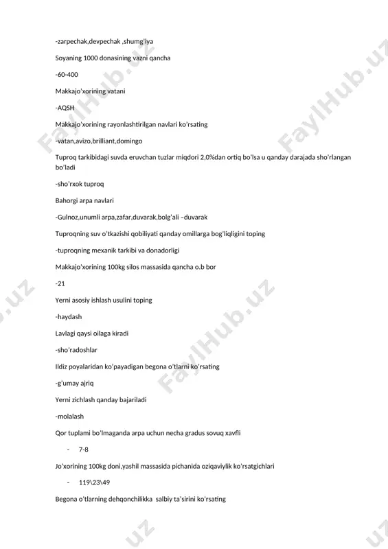 vuq xavfli · 7-8 jo’xorining 100kg doni,yashil massasida pichanida oziqaviylik ko’rsatgichlari · 119\23\49 begona o’tlarning dehqonchilikka salbiy ta’sirini ko’rsating -ekinlarni quyosh nuridan mahrum qiladi 1kg hayvon oqsili olish uchunqancha o’simlik oqsili sarflanadi · 5-7kg moshni lotincha nomi · faseolus aureus hyot omillari necha guruhga bo’linadi · 2guruhga kosmik va yer omillari dukkakli don ekinlarida qaysilari unib chiqqanda urug’ pallalarini tuproq yuzasiga olib chiqadi · soya ,loviya mosh , lyupin tuproqdagi namlikning befoyda sarflanishi sabablarini ko’rsating -yovvoyi va begona o’tlarning o’zlashtirishida 100kg beda pichanida va ko’k massasida oziqa birligi qancha · 48\17,2 bug’doy uchun foydali haroratni belgilang · 1850-2200 gradus sug’orishning eng samarali va istiqbolli usulini ko’rsating · tomchilatib sug’orish yilning qaysi faslida yog’adigan yo’g’inlar tuproqda ko’proq suv to’playdi · qishda uch yillik bedaning ildizida, ildiz va ang’iz qoldiqlarida qancha biologik azot to’planadi -300\500 suv o’simlik hayotida qanday jarayonlarda ishtirok etadi · fiziologik biokimyoviy kimyoviy no’xatni ekish usullari ko’rsating -keng qatorlab …