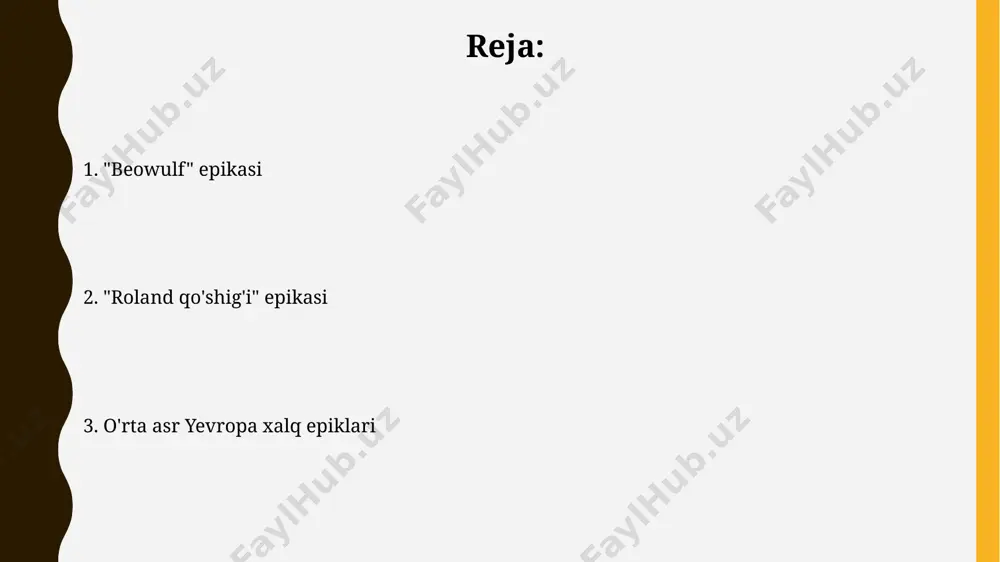 a epik qahramon ham o‘z xalqlarini himoya qilish uchun o‘z jonlarini xavf ostiga qo‘yishga tayyor bo‘lgan, kuchli, jasur va sadoqatli shaxslar sifatida gavdalantirilgan; ularning jasorati esa butun dunyoga mashhur. roland, 778-yilda roncevaux darasida bo‘lib o‘tgan jangda 12 ta sherik bilan birga 300 000 saratsin askariga qarshi kurashgan jasur va sadoqatli frank ritsari sifatida tasvirlangan. "roland qo'shig'i" epikasi “roland qo'shig'i”da rolandning 12 sherigidan biri, oliver, ronseval darasida 20 000 dan ortiq saritsin qo'shiniga qarshi jang qiladi. “roland qo'shig'i” 4000 ga yaqin satrdan iborat bo'lib, fransiya adabiyotining muhim yodgorligi hisoblanadi va turli qo'lyozmalarda saqlanib qolgan. e'tiboringiz uchun rahmat @taqdimot_robot image1.jpg image2.jpg image3.jpg image4.jpg image5.jpg image6.jpg