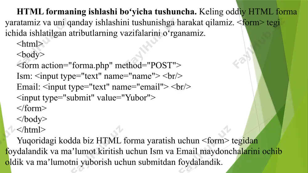 rimizning url kiritiladigan maydonida aks etadi. — get metodi orqali kiritilgan forma maʼlumotlari brauzerning url maydonida koʻrinadi. — get metodi maʼlumotlarni 2000 belgidan oshmagan holda yuborish bilan cheklangan. — get metodi serverga ikkilamchi maʼlumotlarni yuborolmaydi, jumladan: rasm, hujjat va boshqalar. — get metodidan roʻyxatdan oʻtish va login(kirish) holatlarida aslo foydalanmang. — get metodidan yuborilgan maʼlumotga query_string muhit oʻzgaruvchisidan foydalanib kirishimiz mumkin. post metodidan foydalanish.post metodi orqali yuborilgan forma maʼlumotlari boshqalarga koʻrinmas boʻladi(barcha nom/qiymatlar http soʻrovining tana qismi ichida qamrab olinadi) va maʼlumotni yuborishda hech qanday chegara mavjud emas. bundan tashqari post metodi serverga koʻp-qismli ikkilamchi maʼlumot yuklashni qoʻllaydi. shuningdek, url maydonida formadagi oʻzgaruvchi va qiymatlar koʻrinmaydi. ism: yosh: "; echo "sizning yoshingiz: ". $age ." "; ?> url maydonda: — post metodida maʼlumot yuborish uchun hech qanday belgi cheklovi yoʻq — post metodi ascii va ikkilamchi maʼlumotni yuborishda foydalanish mumkin — maʼlumotlar xavfsizligiga kafolat koʻpgina dasturchilar maʼlumot bilan ishlashda post …