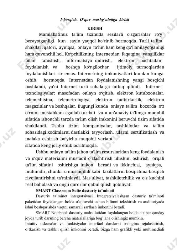 vchi misol keltiring. -u- -fikringizni umumlashtiring. windows operatsion tizimida ta’lim muassasa tarmog’ida ta’lim oluvchilarning kompyuteriga, o’qituvchining kompyuteriga smart classroom suite dasturining turli komponentlari o’rnatiladi. smart classroom suite o’z ichiga ta’limga ixtisoslashgan holda ishlashga qulay smartning to’rtta dasturiy mahsulotni birlashtiradi. smart notebook – hamkorlikda ta’lim olish uchun dasturiy mahsulot bo’lib, rejalashtirish va dars o’tish uskunalari bilan jixozlangan. interaktiv darslarni rejalashtirish va o’tkazish uchun chizish, annotatsiyalar yozish va taqdimotlar o’tkazishning keng imkoniyatlarini darslarda qo’llashingiz mumkin. aqlli ta’lim – bu yangi ta’lim tizimining asosini tashkil etadigan shunday ta’lim paradigmasi bo’lib, u aqlli axborot texnologiyalaridan foydalanish orqali ta’lim jarayonini mos ravishda amalga oshirishni ko’zda tutadi. 3-bosqich. asosiy informatika va axborot texnologiyalari fanini o’qitishda smart ilovalardan foydalanish windows operatsion tizimida ta’lim muassasa tarmog’ida ta’lim oluvchilarning kompyuteriga, o’qituvchining kompyuteriga smart classroom suite dasturining turli komponentlari o’rnatiladi. jadval o’qituvchi kompyuteri talaba kompyuteri boshqa kompyuterlar smart notebook smart notebook smart software se software administrator tools – classlist manager …