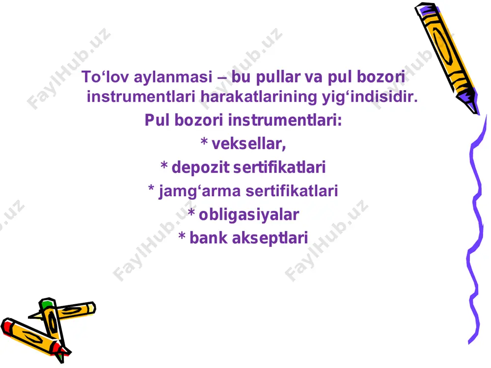 ob-kitob shakllari 1. to‘lov topshiriqnomasi (bank uzatmasi) 2. chek 3. hujjatlashtirilgan akkreditiv 4. inkasso to‘lov topshiriqnomasi bilan hisob-kitoblar bank 7 m/e bank 5 с/о mol yetkazib beruvchi sotib oluvchi 1 2 3 4 6 8 banklarning orderli cheklari bilan hisob- kitoblar 16 bank 9 м/е 11 bank 3 с/о 14 mol yetkazib beruvchi sotib oluvchi 1 2 4 5 6 7 8 10 12 13 15 17 hujjatlashtirilgan akkreditivlar bilan hisob- kitoblar bank 7 м/е 12 bank 9 с/о mol yetkazib beruvchi sotib oluvchi 1 2 3 4 5 6 8 10 11 13 hujjatli inkasso bo‘yicha hisob-kitoblar bank 4 м/е 12 9 bank 6 с/о mol yetkazib beruvchi sotib oluvchi1 2 3 5 7 8 10 11 13
