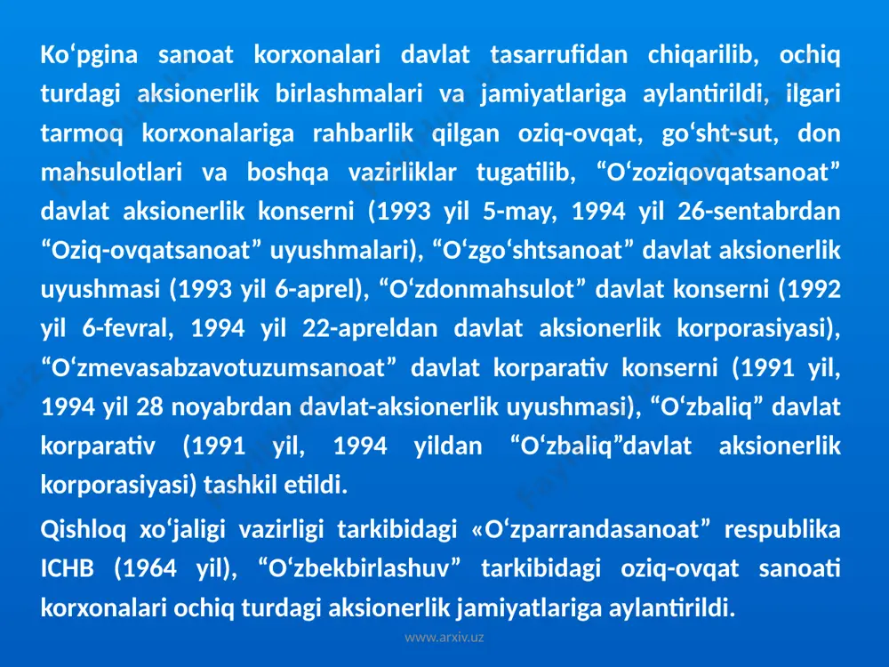 ublikada konserva sanoati 30 yillarda rivojlangan. 1929 yil yangi yo‘l, 1932 yil toshkent, 1940 yil samarqand konserva zavodlari qurildi. urushdan keyingi yillarda farg‘ona, andijon , shahrisabz va boshqa korxonalarda o‘nlab konserva zavodlari qurildi. konserva korxonalari asosan “o‘zmevasabzavotuzumsanoat” uyushmasi tarkibiga kiradi. 2005 yilda respublikada 22 ta konserva korxonalari, 3 ta meva qoqi va quritilgan sabzavotlar ishlab chiqaradigan korxonalar bor. o‘zbekistondan germaniya, polsha, italiya, malayziya, yaponiya va hamdo‘stlik davlatlariga turli meva va sabzavotlar konservalari, pomidor pastasi mayiz, turli xil qoqilar eksport qilinadi, ya’ni har yili 35 mln shartli banka konserva 1450 tonna quritilgan meva chetga chiqariladi. www.arxiv.uz www.arxiv.uz keyingi yillarda jamoa xo‘jaliklarida kichik konserva zavodlari va sexlar ishga tushirildi. kichik va o‘rta biznesni rivojlantirilishi qishloq xo‘jaligi mahsulotlarini qayta ishlaydigan kichik korxonalarini qurish va mahalliy xom ashyolarni iste’molchilar talabini qondiradigan maxsulotlar ishlab chiqarilmoqda. oziq-ovqat sanoatining yetakchi tarmog‘i vino ishlab chiqarishdir. bu tarmoq uchun hamma respublikada boy xom ashyo resurslari mavjud, ya’ni xilma-xil uzum …