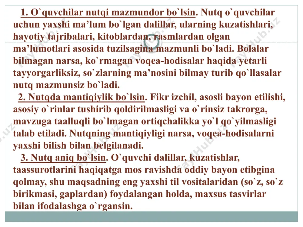 dan mazmunan mos so`zlar tanlab so`z birikmasi tuzdiriladi. birinchi kitob shirin sinf maktabga o`qidim kitobni gul qizil bordi yangi olma bunda o`quvchilar quyidagi so`z birikmalarini tuzadilar: birinchi sinf, shirin olma, maktabga bordi, qizil gul, kitobni o`qidim, yangi kitob. boshlang`ich sinflarda o`qish, grammatika va yozuv darslarining hammasida gapni tahlil qilish, gap tuzish, gapni to`ldirish yoki o`zgartirish mashqlari bajartiriladi. gap tuzish mashqlarini o`quvchilar avval og`zaki, keyin yozma bajarishga o`rganadilar. 1-sinfda savollarga javob berib, gap tuzadilar. 2-sinfda o`quvchilar gapni grammatik mavzu sifatida o`rganadilar. bayon va insho yozish jarayoniga o`rgatishda gap tuzishga o`rgatish mashqlariga katta o`rin beriladi. gap tuzishga oid eng ko`p qo`llanadigan mashqlarga quyidagilar kiradi: 1. savollarga to`liq javob berish. 2. o`quvchilarni gaplarga so`roq berishga o`rgatish. 3. so`roqlar yordamida va so`roqlarsiz gaplarni kengaytirish. 4. o`rganilayotgan grammatik mavzuga doir maktab, sayohat, paxta dalasidagi ishlar haqida gap tuzish. 5. rasmlar, o`qiladigan matn, tabiat yoki ob-havoni kuzatish asosida gap tuzish. 6. so`z birikmalari va shu so`z …