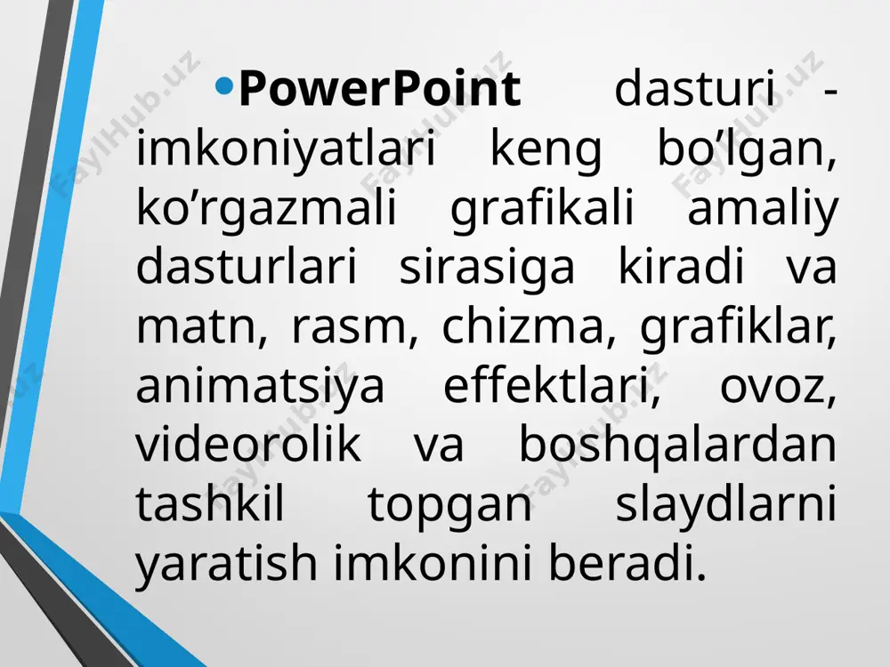 laydga sana va vaqt qo’yish, nomerlash va ob’ektlarni o’rnatish elementlari fo’rmulalar va simvollar qo’yish elementlari kompyuter yoki internetdan video va ovozli fayllarni olib slaydga o’rnatish elementlari 9 dizayn menyusi uskunalar paneli elementlari barcha slaydlar uchun temalar o’rnatish elementlari slayd razmeri va fonini o’zgartirish elementlari perexodi menyusi uskunalar panaeli elementlari slayd varoqlari o’tishlarini ko’rib chiqish slayd varoqlari o’tishlari uchun vaqt ajarish va ularga moslab tovushlar o’rnatish slayd varoqlariga o’tishlar o’rnatish animatsiya menyusi uskunalar paneli elementlari slayd elementlariga berilgan animatsiyalarni ko’rish slayd elementlariga animatsiyalar o’rnatish slayd elementlariga qo’shimcha animatsiyalar o’rnatish slaydga o’rnatilgan animatsiyalar vaqtini o’rnatish elementlari pokaz slaydov menyusi uskunalar paneli elementlari slaydlari ko’rishni 1-slayddan, yoki joriy slayddan boshlash, yoki slaydlarni ixtiyoriy tartibda ko’rish slayd ko’rinishlarini sozlash, slaydlarni yashirish, slaydlar vaqtini sozlash, slayd ko’rinishlarini yozib olish vid menyusi uskunalar paneli elementlari prizentatsiyani ko’rish usullari powerpoint oynasiga leneyka, setka o’rnatish powerpoint oynasi holatini o’zgartirish makros o’rnatish image2.png image3.png image4.jpeg image5.png image6.png image7.png image8.jpeg …