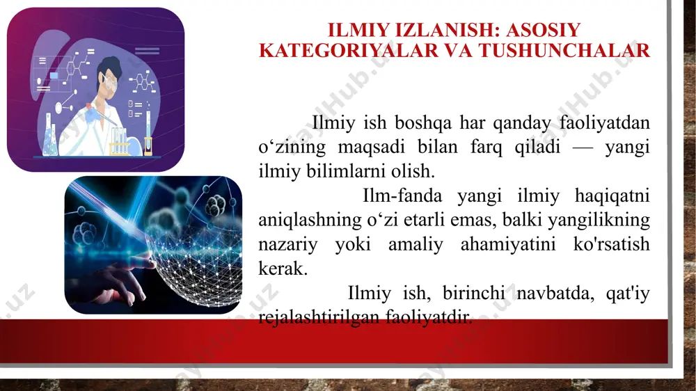 'lib, ular ko'plab fanlarning o'zaro ta'siri orqali amalga oshiriladigan keng ko'lamli dasturlarni talab qiladi. murakkab ob'ekt (tizim) to'g'risidagi ma'lumotlarning printsipial to'liqsizligi va noaniqligi sharoitida turli xil profil mutaxassislarining sa'y-harakatlarini birlashtirish va turli xil g'oyalar va echimlarni birlashtirish zarurati tug'iladi. bu muammolarning barchasi turli fanlar usullarining samarali o'zaro ta'siri va sintezini ta'minlaydigan usul va vositalarni ishlab chiqishga olib keldi ilmiy izlanishlarning tarixi mustaqil ish mavzulari 1. internet tarmog‘i – ijobiy va salbiy tomonlari 2. mobil aloqa – ijobiy va salbiy tomonlari 3. elektron sigaret – ijobiy va salbiy tomonlari image3.jpg image4.jpeg image5.jpeg image6.jpeg image7.jpeg image8.jpeg image9.png