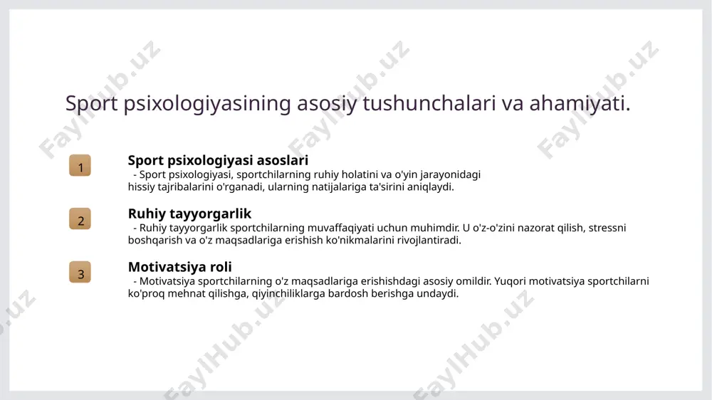 h imkonini beradi, bu o'yin davomida muvaffaqiyatga erishishda muhimdir. o'zbek sportchilarining psixologik tayyorgarlikdagi madaniy an'analari. 01 o'zbek madaniyati o'zbek sportchilarining psixologik tayyorgarliklari milliy madaniyat va an'analarga asoslanadi, bu ularga motivatsiya va qiyinchiliklarni yengishda yordam beradi. 02 ruhiy tayyorgarlik o'zbek sportchilar ruhiy tayyorgarlikda o'ziga xos usullarni qo'llaydi, masalan, o'z-o'zini rag'batlantirish va ijobiy tasavvurlar yaratish. 03 an'anaviy uslublar an'anaviy sportchilar tayyorgarlik jarayonida o'zbek xalqi madaniyatida mavjud bo'lgan marosimlar va urf-odatlardan foydalanadilar, bu ruhiy kuchni oshiradi. 04 jamoaviy ruh o'zbek sportchilarining psixologik tayyorgarlik jarayonida jamoaviy ruh va bir-birini qo'llab-quvvatlash muhim ahamiyatga ega, bu g'alabalarga erishishda yordam beradi. o'zbekistondagi sport psixologiyasining texnik va taktik yondoshuvlari. psixologik yondoshuvlar madaniy aspektlar amaliyot va metodlar o'zbekistonda sport psixologiyasi texnik va taktik yondoshuvlarida psixologik bilimlar asosiy rol o'ynaydi, sportchilarni motivatsiya va stressni boshqarishda qo'llaniladi. o'zbek sportchilari o'z madaniyati va an'analari orqali sport psixologiyasiga yondashadi, bu ularning qaror qabul qilish jarayonini va o'yin strategiyalarini shakllantiradi. o'zbekistonda sport psixologiyasi amaliyotlarida …