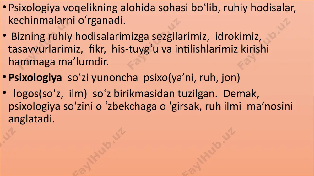 ik jarayonlarning barqaror xusu­siyatlari, shuningdek, mayli, e’tiqodi, bilimi, ko‘nikmalari, malakasi hamda odatlaridan iborat. sangvinik xolerik melanxolik flegmatik 2. psixik holatlar— uncha uzoq davom etmasada, lekin ancha murakkab jarayondir. bunga tetiklik yoki ma’yuslik, ishchanlik yoki horg‘inlik, serzardalik, parishonxotirlik, yaxshi va yomon kayfiyat va h.k.lar kiradi. 3. psixik jarayonlar — ruhiy faoliyatning murakkabroq turiga kiruvchi oddiy, elementar psixik hodisalardir. ular juda qisqa vaqt davom etadi. psixik xususiyatlar, holatlar, jarayonlar o‘zaro mustahkam bog‘langan bo‘lib, biri ikkinchisiga aylanishi, o‘tishi, to ‘ldirishi mumkin. umumiy psixologiya bir necha psixologiya fanlariga bo‘linadi: pedagogik psixologiya, yuridik psixologiya, muhandislik psixologiyasi, ijtimoiy psixologiya, tibbiy psixologiya tibbiy psixologiya ko‘magida o ‘rta ma’lumotli tibbiyot xodimlari va shifokorlar: 1) asab-ruhiy kasalliklar yoki somatik kasalliklar bilan og‘rigan bemorlarning ruhiy holati to ‘g‘risida; 2) bemor psixikasiga somatik kasallikning ta’siri to‘g‘risida va aksincha, asab-ruhiy o‘zgarishlarning somatik kasalliklarning o‘tishiga ta’siri xususida to ‘g‘ri fikr yurita oladilar; 3) somatik kasalliklarning kelib chiqishi, o‘tishi va oqibatlarida ruhiy omillarning qanday …