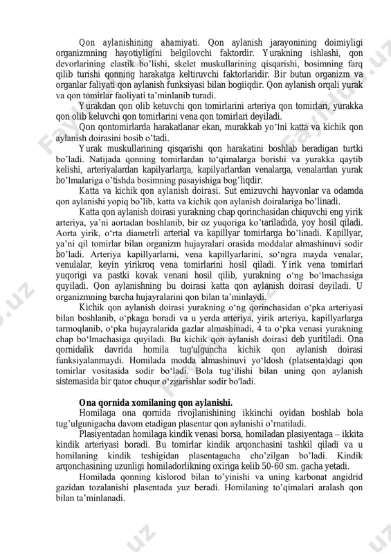 rlicha bo’ladi. bundan tashqari turli xil kasalliklar tufayli ham o‘zgarishi mumkin. eritrotsitlar 3-9 mm erkaklarda, ayollarda 7-12 mm soatiga cho‘kadi. organizm holatining o‘zgarishlarida eritrotsitlar tezligining o‘zgarishi kuzatiladi. eritrotsitlarning ma’lum tezlikda cho’kishidan foydalanib, tibbiyotda kasalliklarni belgilashda foydalaniladi. buni tibbiyotda echt deyiladi. organizm qattiq shamollaganda, sil kasalligida, homilador ayollarda yalig’lanish kasalligi boshlanganda va boshqa o'zgarishlarda eritrotsitlar cho'kish reaksiyasi tezligi ortadi. eritrotsitlarning cho‘kish tezligi (echt) bir soatda 2 mm, chaqaloqlarda soatiga 4-8 mm 7-11 yoshda bir soatda 4-12 mm bo‘ladi. leykotsitlar, vazifalari va yosh xususiyatlari. ya’ni oq qon tanachalari yadroli amyobaga o‘xshagan harakatlanuvchi hujayralardir. leykotsitlar 4-14 mikron bo’lib, har 500 eritrotsitga taxminan bitta leykotsit to‘g‘ri keladi. 1 mm3 qonda 6-8 ming dona leykotsit bo’ladi. leykotsitlarning soni organizmning holatiga, ovqatlanishga, muskullar ishi va boshqalarga qarab o'zgarib turadi. leykotsitlar donador va donasiz leykotsitlarga bo’linadi. donador leykotsitlarga eozinofillar, bazofillar va neytrofillar, donasiz leykotsitlarga monotsitlar va limfotsitlar kiradi. leykotsitlar suyak iligida, taloqda va limfa bezlarida hosil bo’ladi …