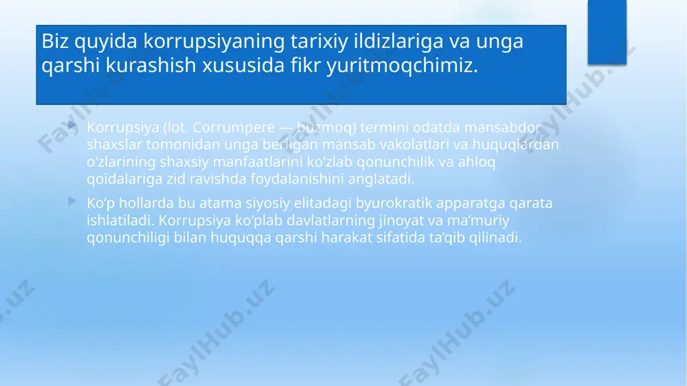 yaga qarshi kurashda muhim o‘rin egallaydi. bunda konstitutsiyaviy nazorat organlari, huquq-tartibot organlarining ahamiyati ortadi. ya’ni, korrupsiyaga olib kelishi mumkin bo‘lgan normalarni konstitutsiyaviy nazorat organi tomonidan konstitutsiyaga zid deb topish, aholining huquqiy savodxonligini oshirish kabi metodlardan unumli foydalanish ushbu davlatlarni korrupsiya darajasi juda past bo‘lgan davlatlar qatoriga olib chiqqan. image6.jpg image7.jpg image8.png image9.jpg image10.jpg image2.png image3.png image4.png image5.png /docprops/thumbnail.jpeg