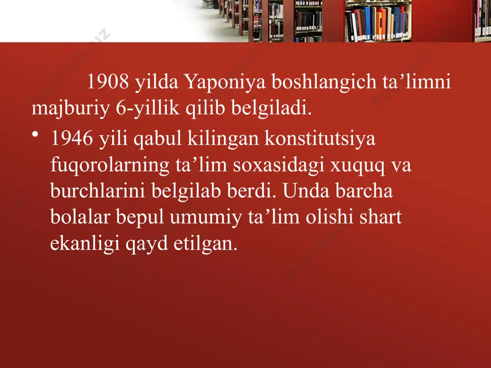 .07 20.07 – 31.08 ikkinchi trimestr 01.09 – 25.12 26.12 – 06.01 uchinchi trimestr 07.01 – 25.03 26.03 – 05.04 sinfdan sinfga ko‘chirish bahorgi ta’tilda amalga oshiriladi. 27 ta’til davrida o‘quvchilar uyga vazifa oladilar. agar ayrim o‘quvchilar trimestrlar davomida yaxshi o‘qimagan bo‘lsa, ular ta’tilda ham o‘qishni davom ettiradilar. boshlang‘ich maktab o‘quvchilariga ta’tilda “rasmli kundalik” tutish tavsiya etiladi. rasmlar iyerogliflarni yozishda o‘quvchilar bilimidagi bo‘shliqlarni bartaraf etish va yozish hamda chizish ko‘nikmalarini rivojlantirishga yordam beradi. yaponiyada o‘qish olti kunlik. lekin oyning har ikkinchi shanbasi dam olish kuni hisoblanadi. boshlang‘ich maktabda uy vazifasi, agar berilgan bo‘lsa, kichik hajmda beriladi. o‘rta va yuqori maktablarda uy vazifalari hajmi sezilarli darajada oshadi. yuqori sinf o‘quvchilari mamlakatdagi eng band odamlar qatoriga kiradi. yapon maktablarida baholash. yaponiya maktablarida o‘qituvchilar har bir darsda baho qo‘ymaydi. baholar faqat trimestr oxirida qo‘yiladi. trimestrning oxiriga kelib, barcha fanlar bo‘yicha testlar o‘tkaziladi. ular 100 ballik tizimda baholanadi. bundan tashqari, o‘rta va yuqori maktablarda …