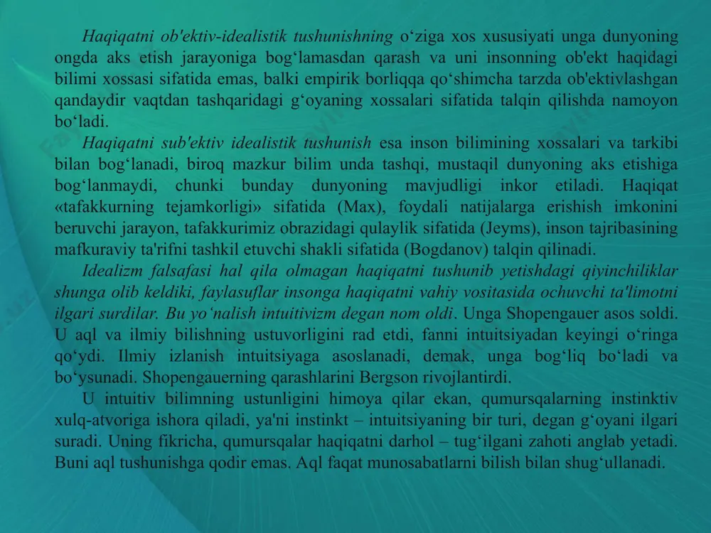 a makonda cheksizligi tufayli bunday bilimga amalda erishish mumkin emas. haqiqat tushunchasini mutlaq haqiqat tushunchasi bilan tenglashtirib, biz unga erishib bo‘lmasligi, demak, umuman bilish mumkin emasligi haqida gapiramiz. biroq fanning haqiqiy tarixi buning teskarisidan dalolat beradi: fan rivojlanadi, chunki u nisbiy va mutlaq bilimning birligi sifatida tushuniladigan haqiqatni bilishga qodir. boshqacha aytganda, ob'ektiv haqiqat to‘la va mukammal ko‘rinishdagi mutlaq haqiqatdir. ayrim hollarda, agar haqiqat vaqt o‘tishi bilan o‘zgarmasa, ya'ni vqat shart-sharoitlariga bog‘liq bo‘lmasa, u boqiy haqiqat deb ataladi. nisbiy haqiqat – borliqni asosan to‘g‘ri aks ettirsa-da, obraz ob'ektga uncha mos emasligi bilan ajralib turadigan bilim. nisbiy haqiqat to‘g‘ri, biroq noto‘liq, taxminiy, vaqt va joyning muayyan tarixiy shart-sharoitlari bilan cheklangan haqiqatdir. nisbiy va mutlaq haqiqat bir-biri bilan chambarchas bog‘liq. nisbiy haqiqatlar bilish taraqqiyoti jarayonida rivojlanib, o‘z chegarasi bo‘lgan mutlaq haqiqatga yaqinlashadi. biroq bilishning tarixiy rivojlanish jarayoni nafaqat nisbiy haqiqatlarning mutlaq haqiqatga aylanish jarayoni, balki ayrim mutlaq haqiqatlarning yuzaga kelish jarayoni hamdir. …